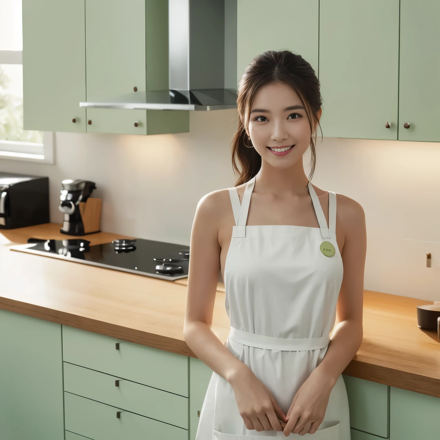 (table top、highest quality、8k、Award-winning work、ultra high resolution)、one beautiful woman、(wearing the most natural and perfect apron:1.1)、the best smile looking at me、emphasize body line、(bust up photo:1.1)、big breasts、(The most natural and practical kitchen:1.1)、(Perfectly organized and clean kitchen:1.1)、(modern and elegant kitchen:1.1)、(Perfect kitchen with state-of-the-art induction:1.1)、(Beautiful modern kitchen with a unified feel:1.1)、(very bright:1.1)、very bright and vivid、A refreshing and beautiful perfect window、ultra high resolutionの完璧な美しい歯、(Ultra high definition glossy skin:1.1)、(very brightly lit、bright and glowing skin:1.1)、Super high-definition sparkling eyes、accurate anatomy