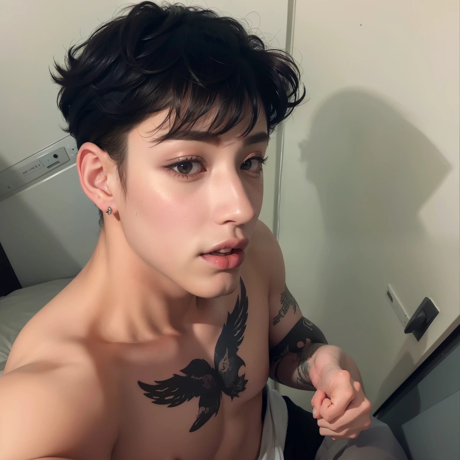 bangchan com uma tatuagem no peito e uma tatuagem no peito, imagem de perfil, male, modelo, An epic model, bangchan face, androgynous person, 25 anos de idade, headshot imagem de perfilture, imagem de perfil, beautiful prince