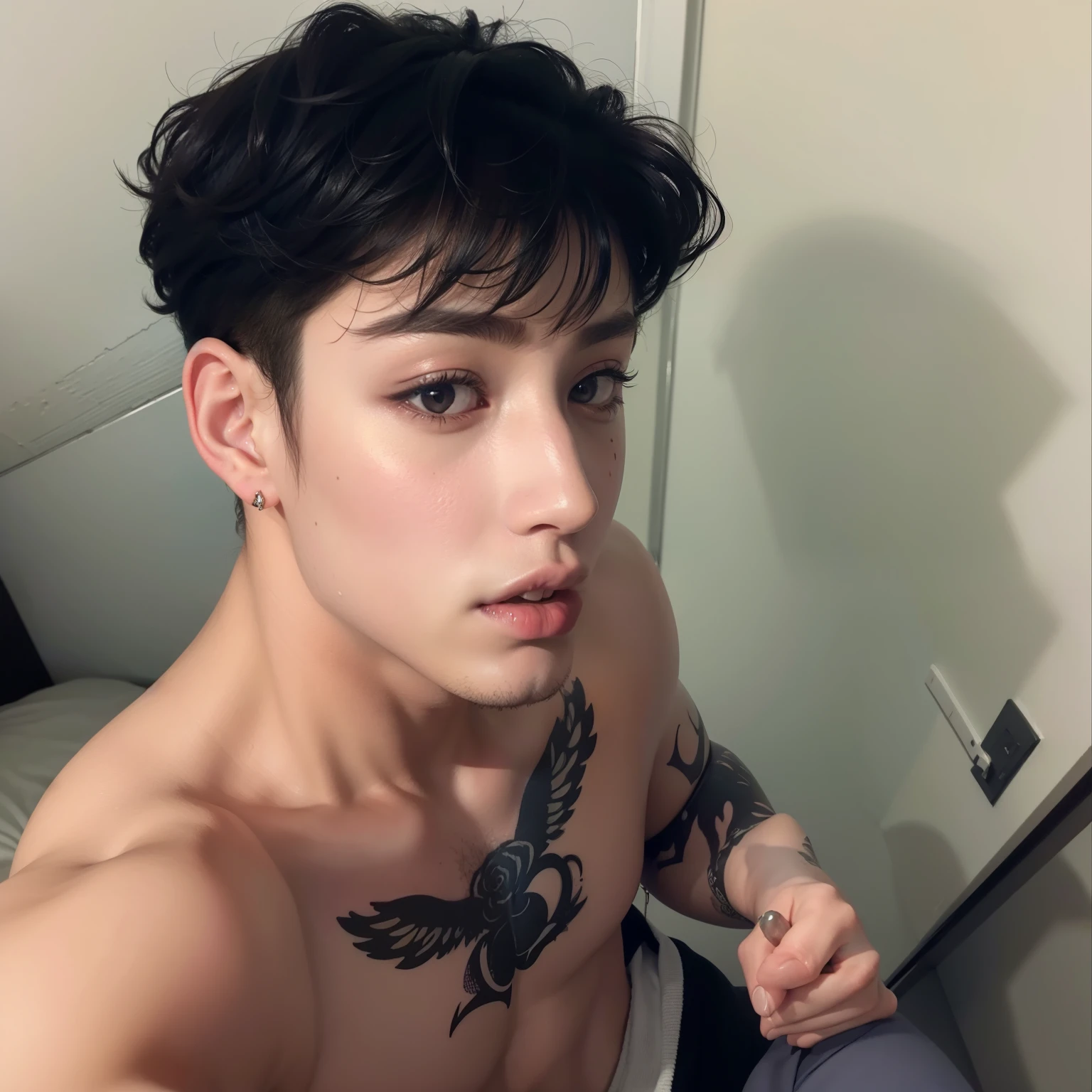 bangchan com uma tatuagem no peito e uma tatuagem no peito, imagem de perfil, male, modelo, An epic model, bangchan face, androgynous person, 25 anos de idade, headshot imagem de perfilture, imagem de perfil, beautiful prince