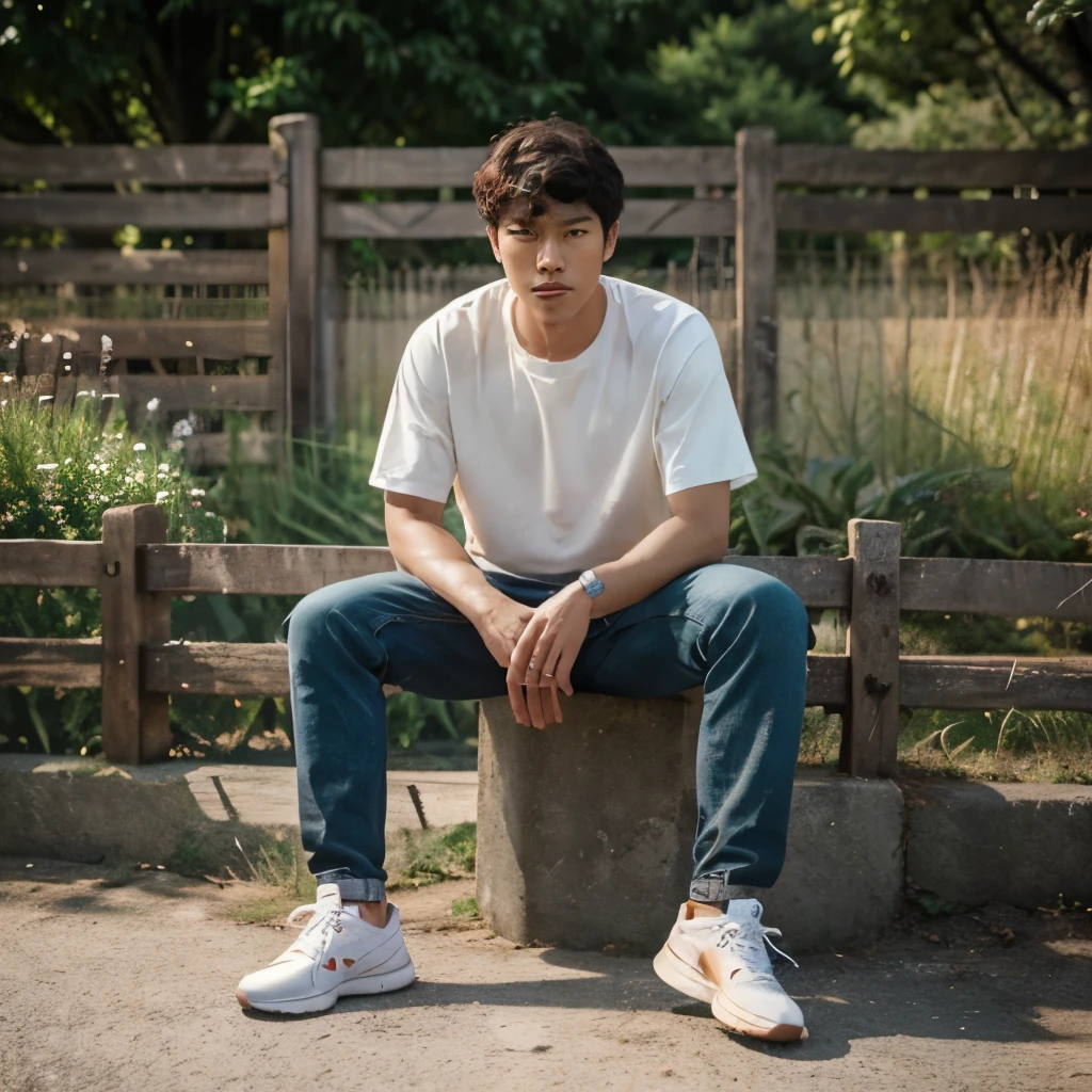 full body, a korean man with short curly hair leaning against wooden fence, wearing ".........." and sneakers, photo shoot, advertising shoot, prifessional photography, handsome pose, aestic, lighting, afternoon lighting which is nice, the setting is on the corner of a quiet rural road wit wild plants