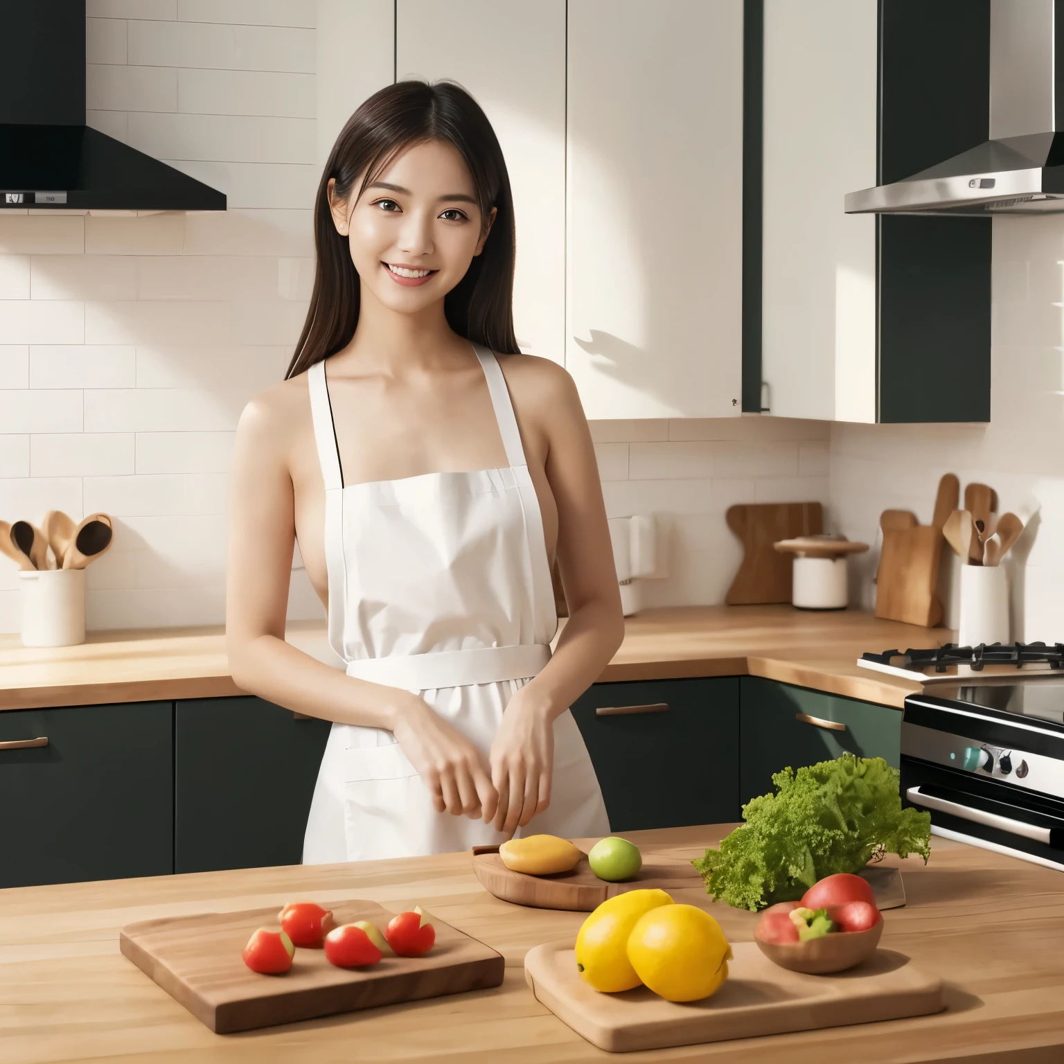 (table top、highest quality、8k、Award-winning work、ultra high resolution)、one beautiful woman、(wearing the most natural and perfect apron:1.1)、the best smile looking at me、emphasize body line、(bust up photo:1.1)、big breasts、(The most natural and practical kitchen:1.1)、(Perfectly organized and clean kitchen:1.1)、(modern and elegant kitchen:1.1)、(Perfect kitchen with state-of-the-art induction:1.1)、(Beautiful modern kitchen with a unified feel:1.1)、(very bright:1.1)、very bright and vivid、A refreshing and beautiful perfect window、ultra high resolutionの完璧な美しい歯、(Ultra high definition glossy skin:1.1)、(very brightly lit、bright and glowing skin:1.1)、Super high-definition sparkling eyes、accurate anatomy