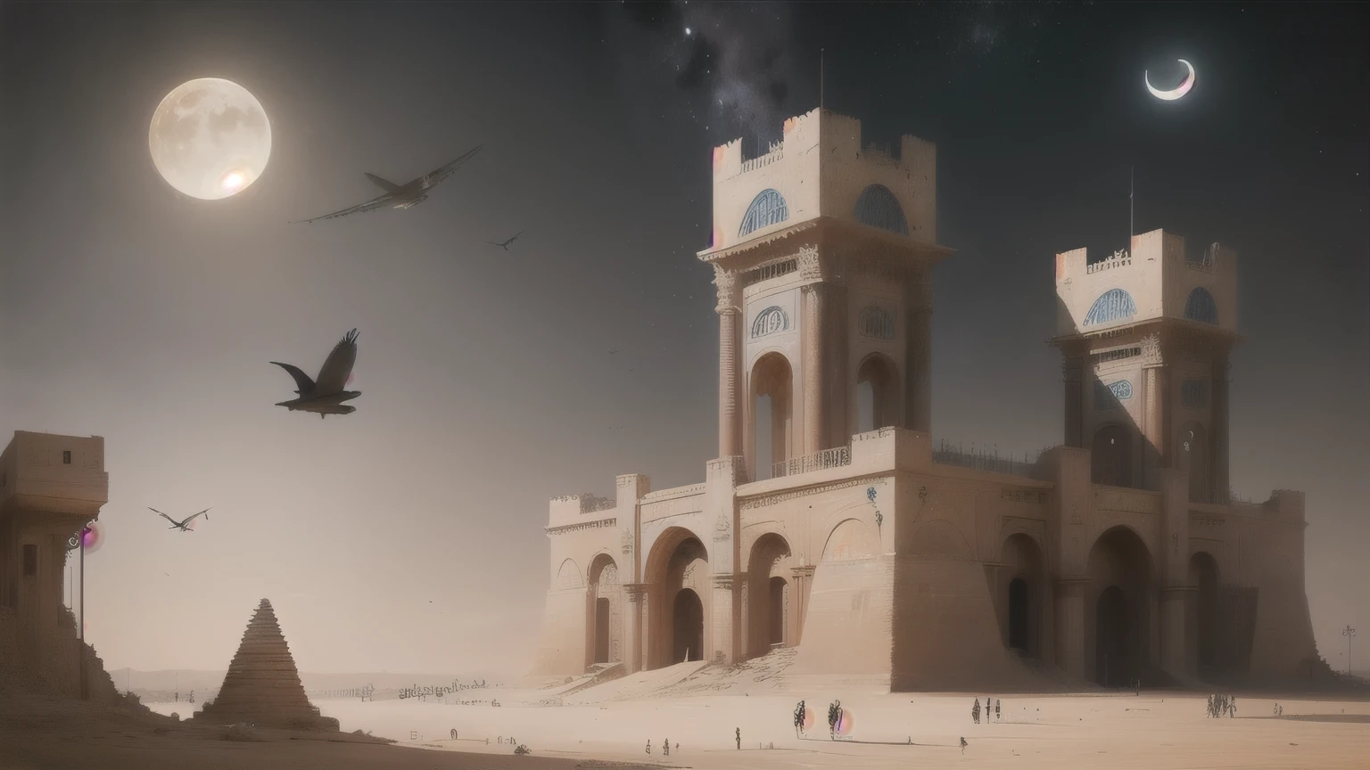 2500 Years of Egyptian Architecture on Mars, multi-story tower, Smart and modern aircraft, and modern architecture with technology and decoration. There is sky and moon at night, bird's eye view. --automatic