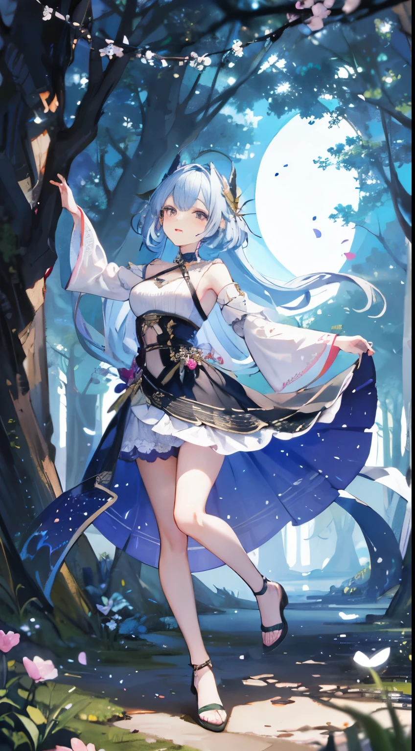 in a magical realm, in the enchanted forest, A mysterious fairy appears, A radiant existence decorated with moonlight spider silk. her skirt, Woven from petals and stardust, Shining with iridescent light, reverse canopy. As she dances among the blossoming trees and twinkling fireflies, The air resonates with the ethereal symphony of nature’s whispers, Create a place where dreams and reality intertwine,A dance that creates pure charm,knitwear,Full body image,中景 the scene is