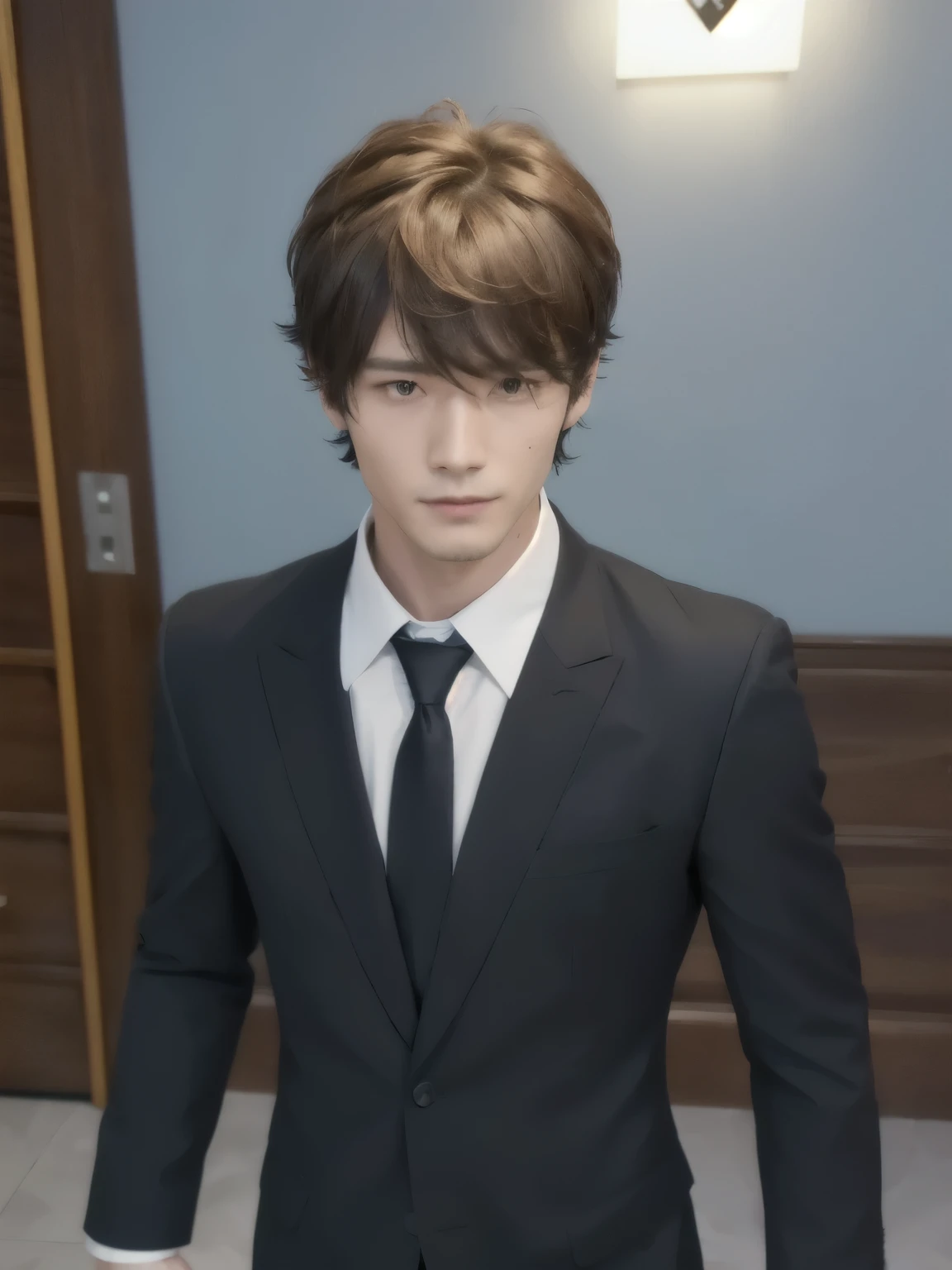 a boy close up of a person in a suit and tie in a room, wearing a strict business suit, inspired by Okumura Masanobu, wearing suit and tie, he is wearing a suit, inspired by Okumura Togyu, second life avatar, young boy man, live2d virtual youtuber model, wearing a suit and tie, realistic hd