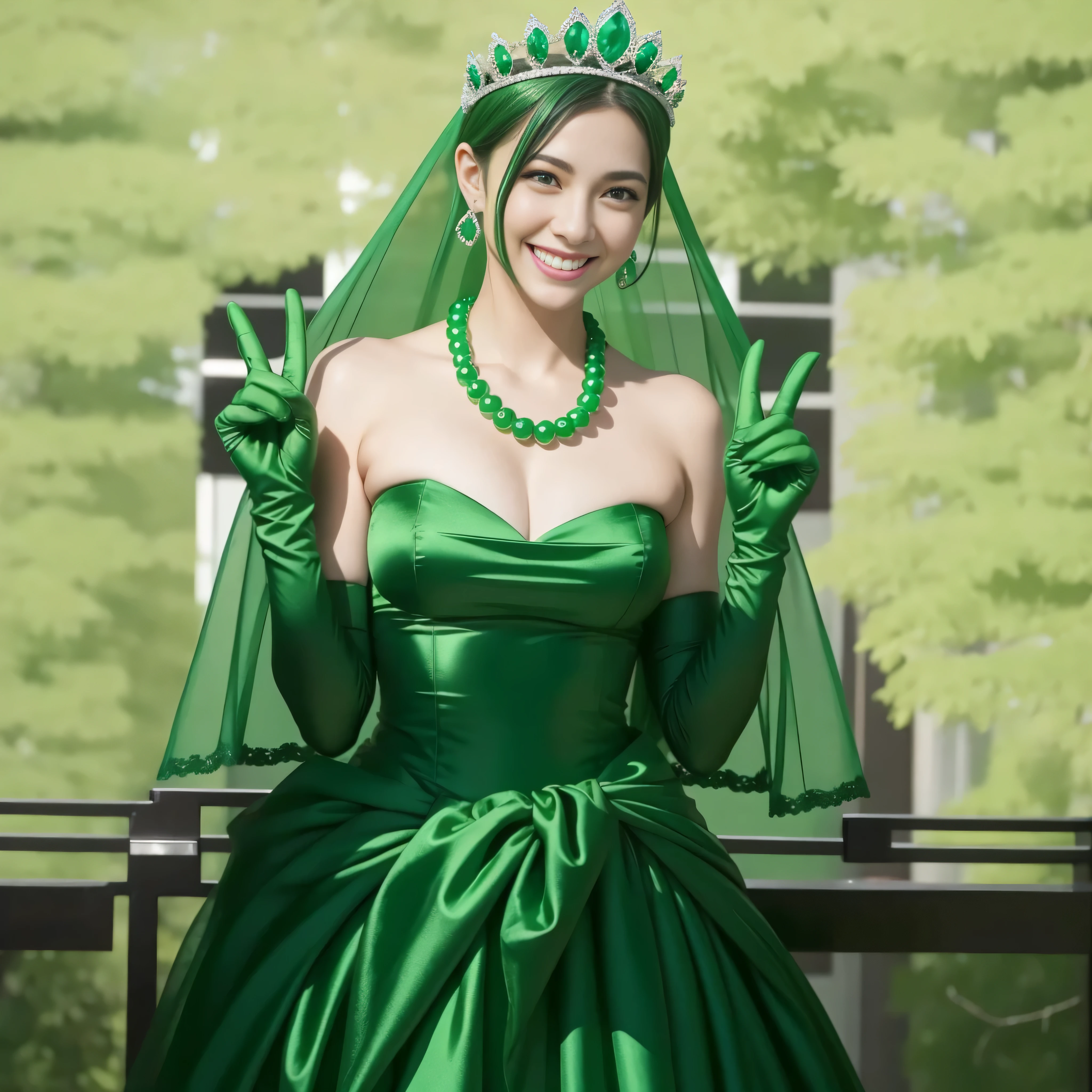emerald tiara, Green Pearl Necklace, Boyish green berry short hair, lipstick, Smiling Japan woman, very short hair, big breasts beautiful, green eyes, Green long gloves made of satin material, green eyes, v sign, emerald earrings, green gloss