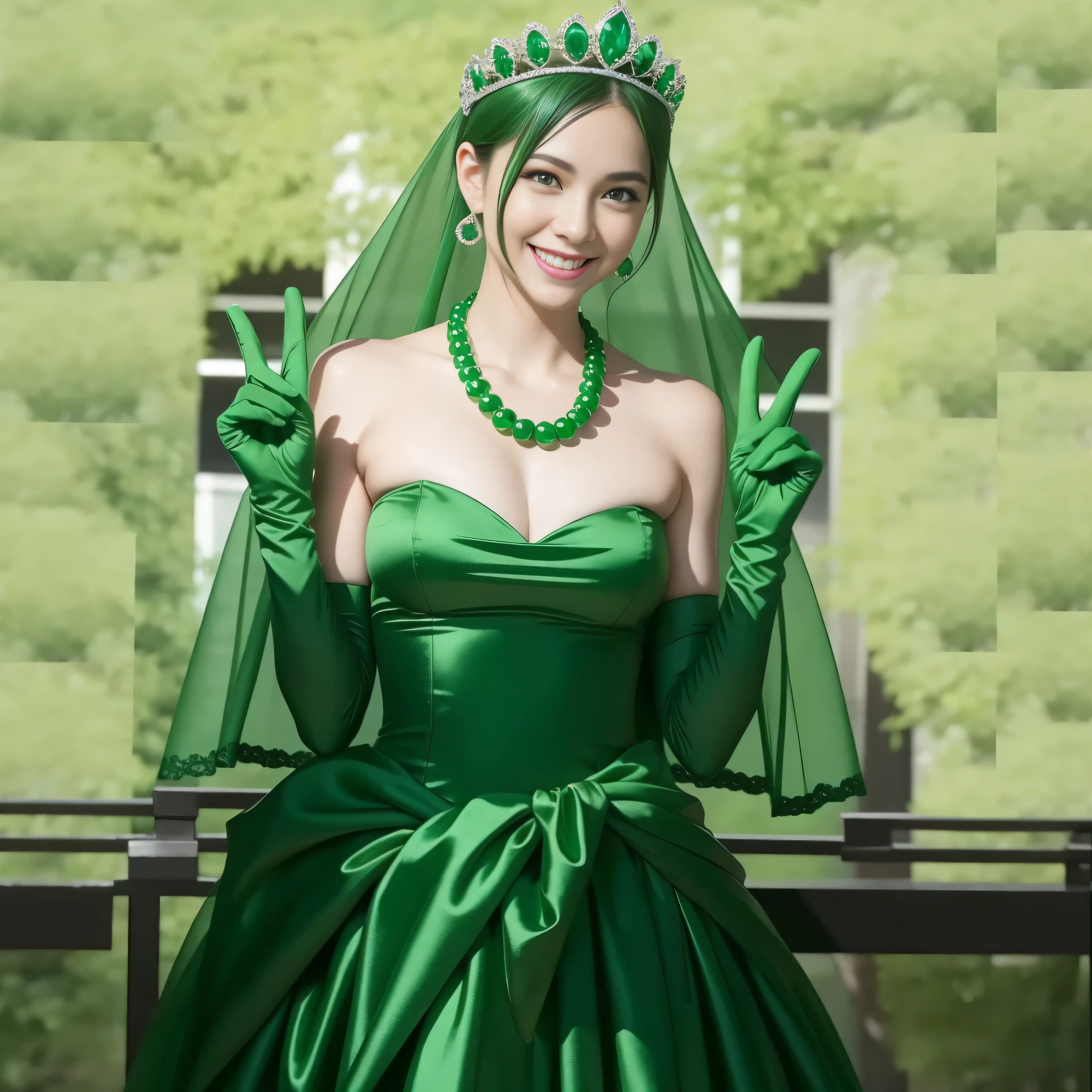 emerald tiara, Green Pearl Necklace, Boyish green berry short hair, lipstick, Smiling Japan woman, very short hair, big breasts beautiful, green eyes, Green long gloves made of satin material, green eyes, v sign, emerald earrings, green gloss
