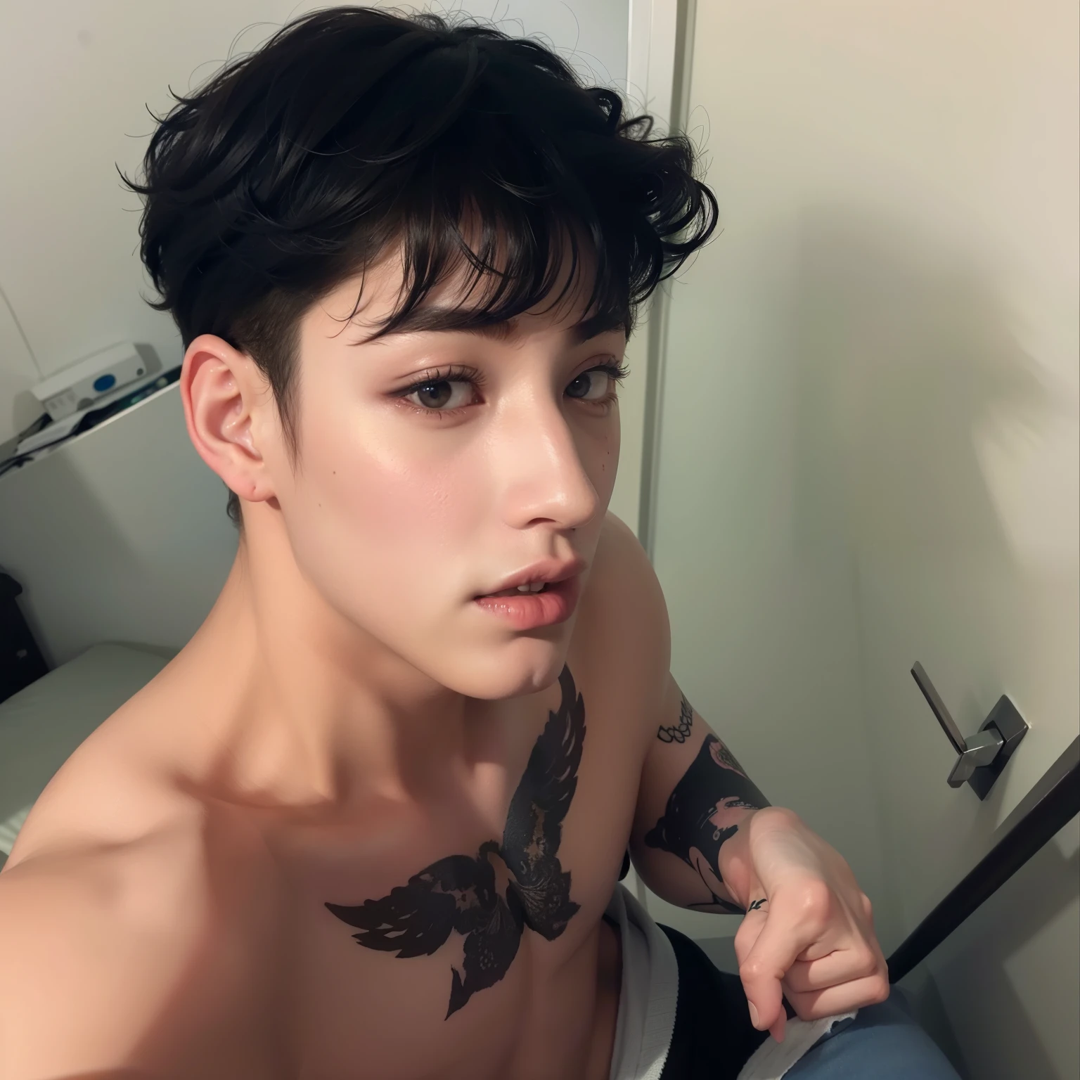 bangchan com uma tatuagem no peito e uma tatuagem no peito, imagem de perfil, male, modelo, An epic model, bangchan face, androgynous person, 25 anos de idade, headshot imagem de perfilture, imagem de perfil, beautiful prince