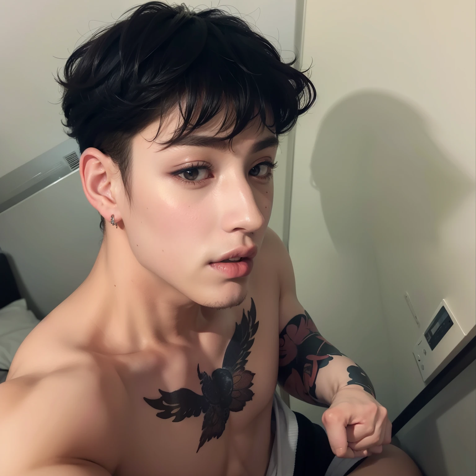 bangchan com uma tatuagem no peito e uma tatuagem no peito, imagem de perfil, male, modelo, An epic model, bangchan face, androgynous person, 25 anos de idade, headshot imagem de perfilture, imagem de perfil, beautiful prince