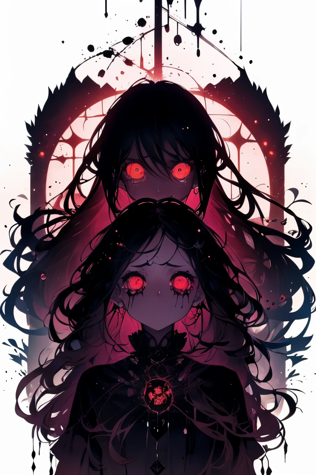 (The whole body is a shadow),(black skin)1girl,screaming expression,long hairstyles,red eyes,gothic lolita,wild hair,darkness falls,revenge,hell,hatred,((tears of blood:1.2)),Dark world,despair