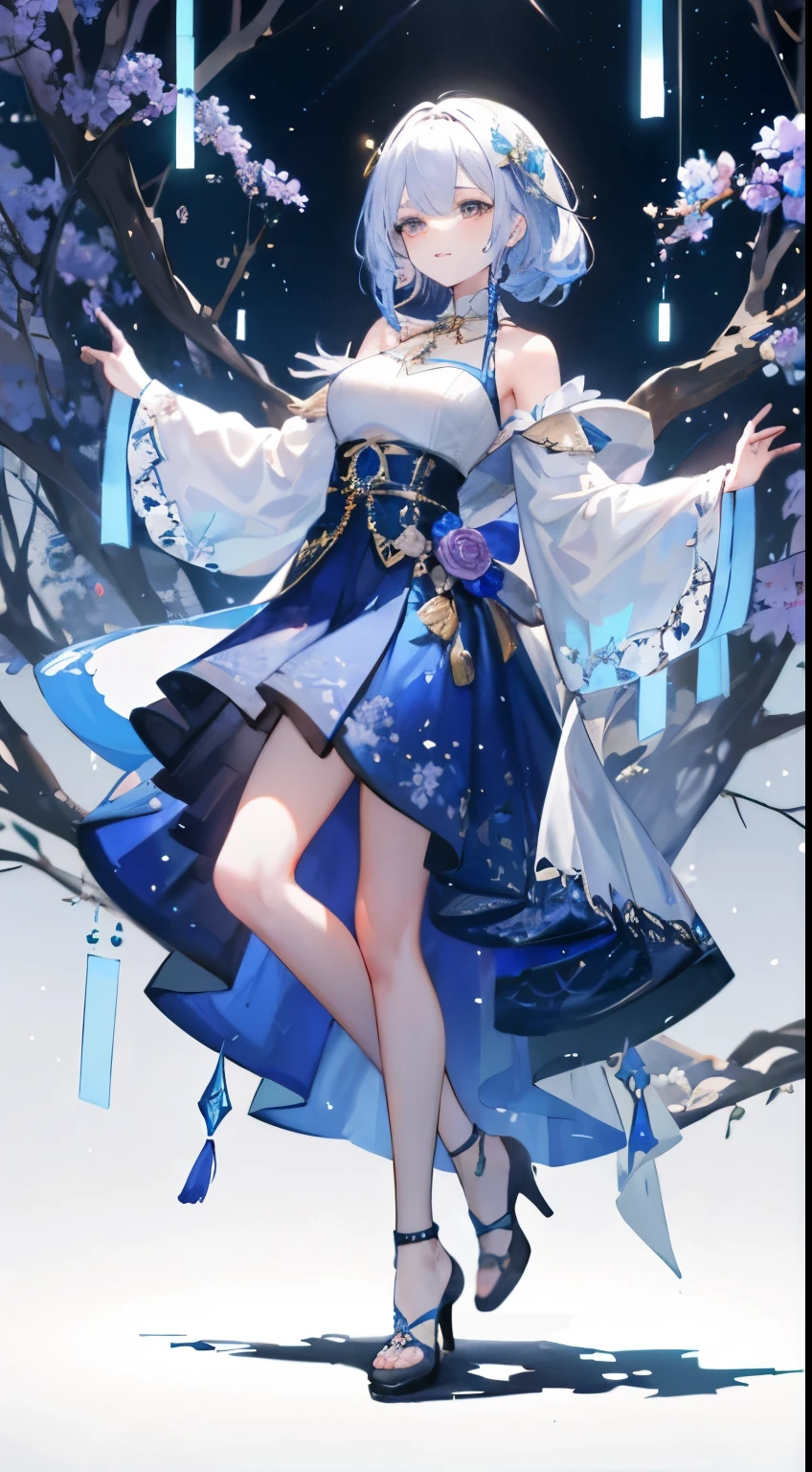 in a magical realm, In the blue magic forest, A mysterious fairy appears, A radiant existence decorated with moonlight spider silk. her skirt, Woven from petals and stardust, Shining with iridescent light, reverse canopy. As she dances among the blossoming trees and twinkling fireflies, The air resonates with the ethereal symphony of nature’s whispers, Create a place where dreams and reality intertwine，A dance that creates pure charm，knitwear，Full body image，中景 the scene is