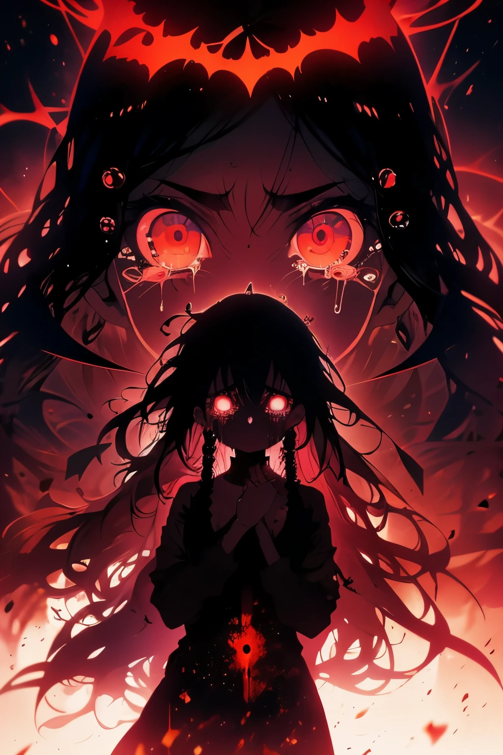 (The whole body is a shadow),(black skin)1girl,screaming expression,long hairstyles,red eyes,gothic lolita,wild hair,darkness falls,revenge,hell,hatred,((tears of blood:1.2)),Dark world,despair