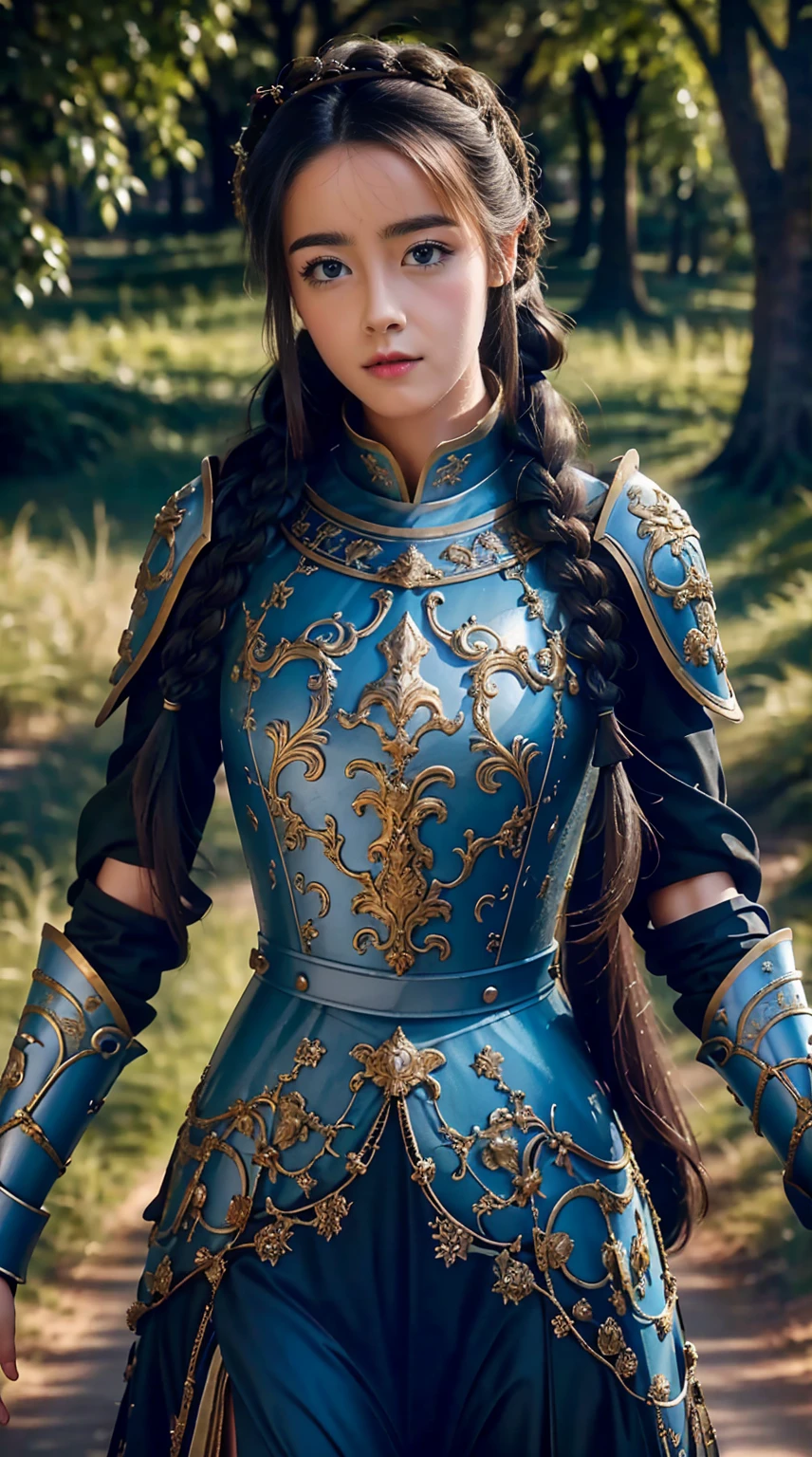 Masterpiece, cinematic landscape, best quality, baroque, realistic, most beautiful woman, long hair, blue eyes, beautiful curves, blue roman medieval armor, worn armor, upper body, looking at the viewer, open field, battlefield