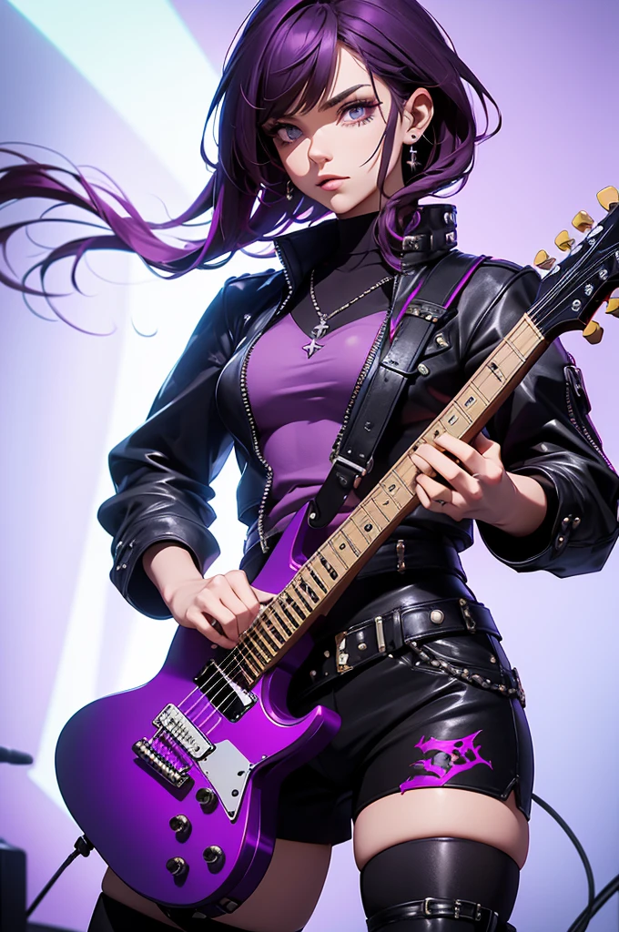 Capture a heavy metal guitarist in an edgy ensemble, including purple leather, metal studs, and an 1 electric guitar. Gibson Style.