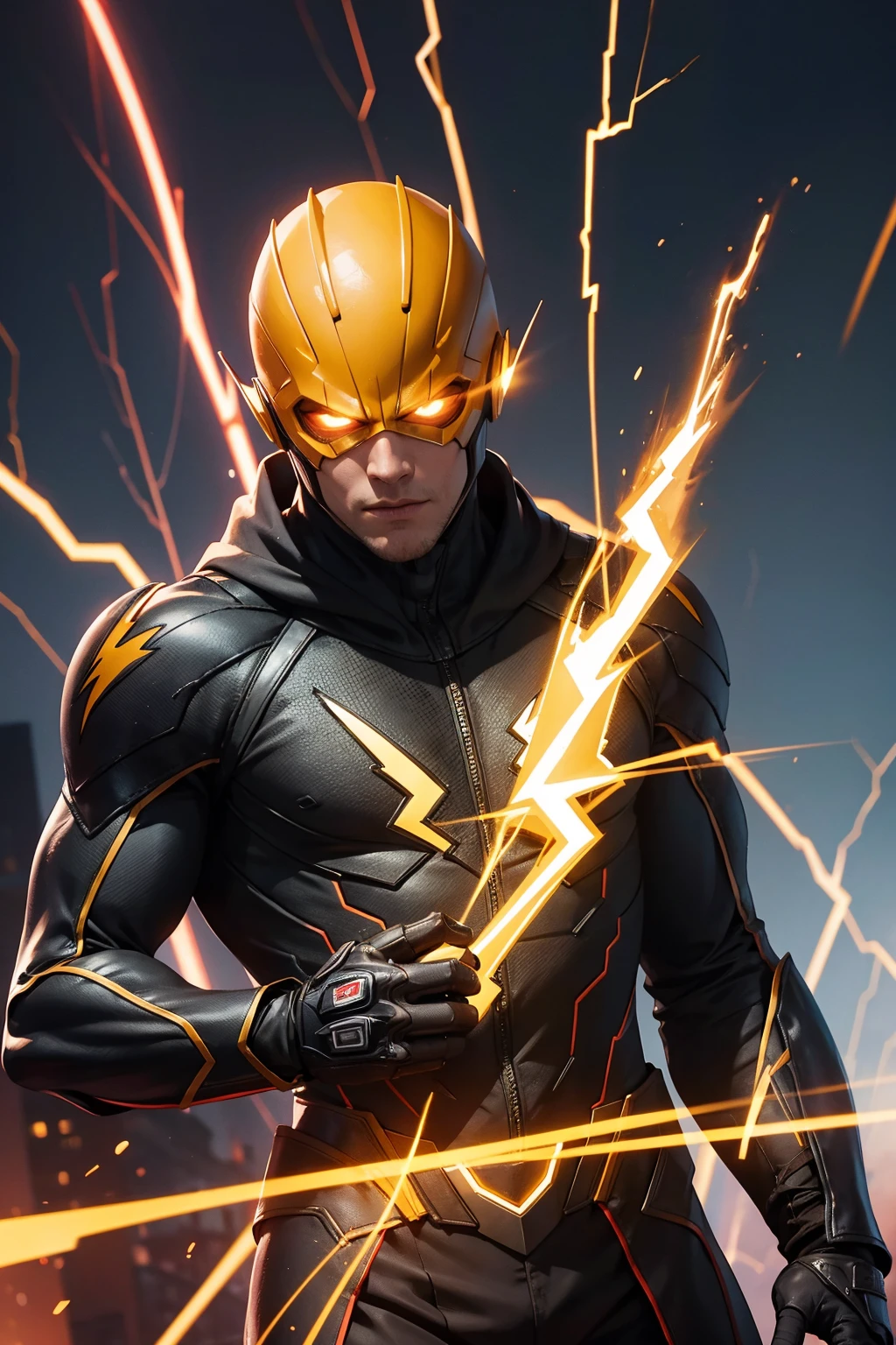 Reverse Flash stands atop a lightning-struck tower, his eyes glowing with malevolent power. His costume is a black and red blur, with a glowing yellow lightning bolt emblazoned on his chest. His hands crackle with electrical energy, ready to unleash his devastating power.
