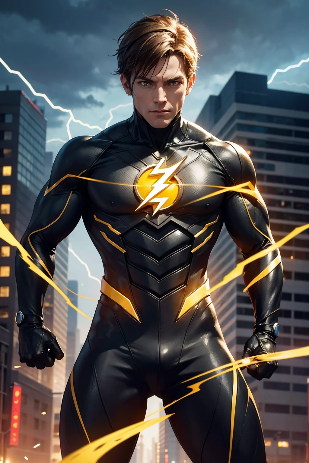 Reverse Flash stands atop a lightning-struck tower, his eyes glowing with malevolent power. His costume is a black and red blur, with a glowing yellow lightning bolt emblazoned on his chest. His hands crackle with electrical energy, ready to unleash his devastating power.
The scene is rendered in a shattered, glitched aesthetic. Reverse Flash's form is fractured and pixelated, as if he were being rendered in real time. The city around him is a twisted nightmare, with buildings melting and warping like Dali paintings.