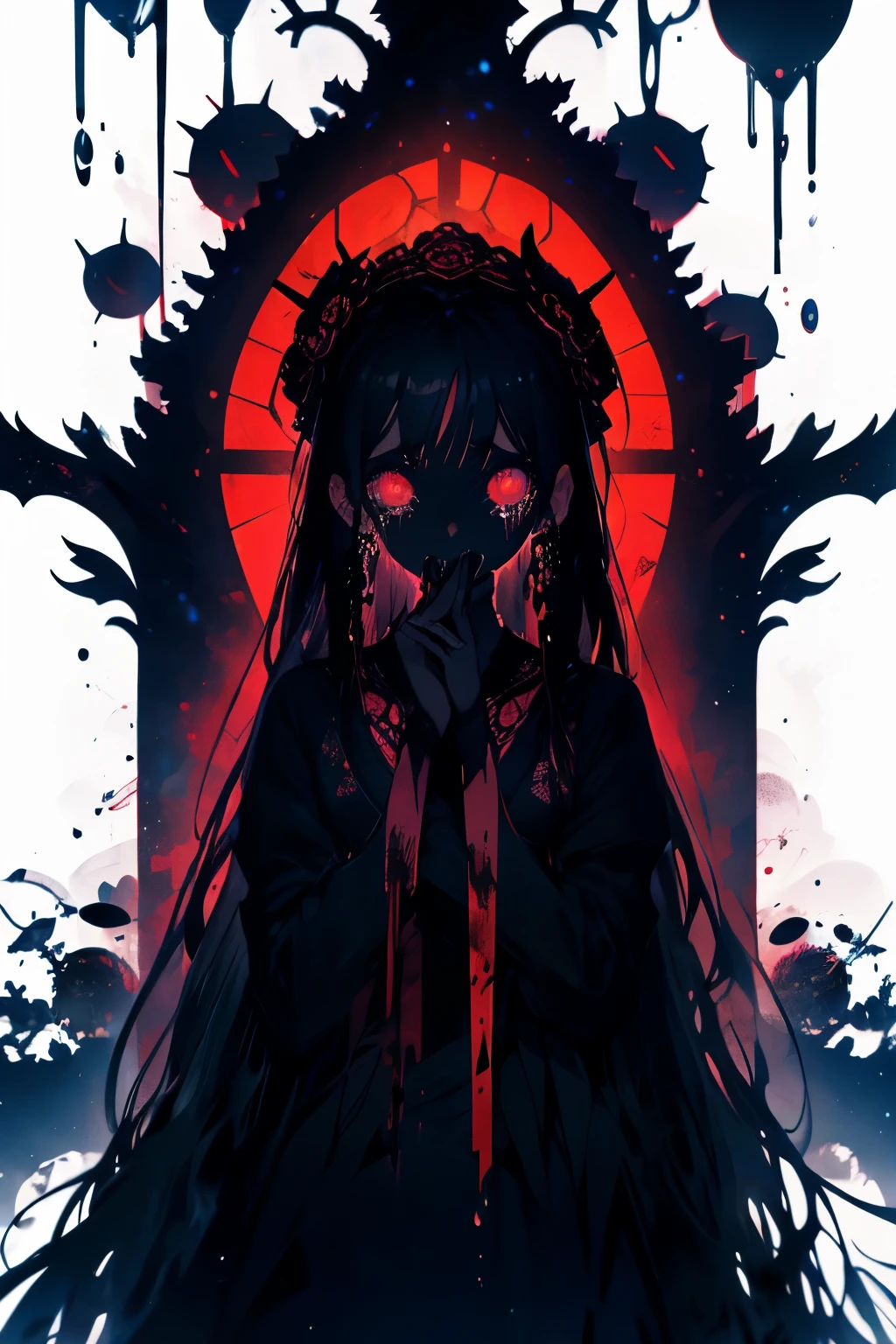 (The whole body is a shadow),(black skin)1girl,screaming expression,long hairstyles,red eyes,gothic lolita,wild hair,darkness falls,revenge,hell,hatred,((tears of blood:1.2)),Dark world,despair