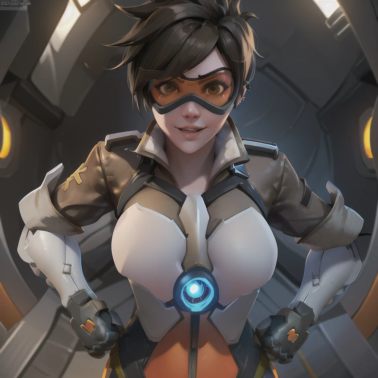 TracerOver, 1girl, tracer (overwatch), solo, orange goggles, brown hair, goggles, short hair, spiked hair, brown eyes, upper body, harness, brown jacket, bomber jacket, smile, looking at viewer, orange bodysuit, chest harness, bangs, parted lips, teeth, orange body suit, lips, piercing, insanely detailed and intricate, High quality, high coherence, deep focused image, realistic full-length photo, anatomically correct, short hair, in a futuristic hallway, hypermaximalist, sensual, provocative, beautiful, exotic, revealing, appealing, attractive, erotic, 