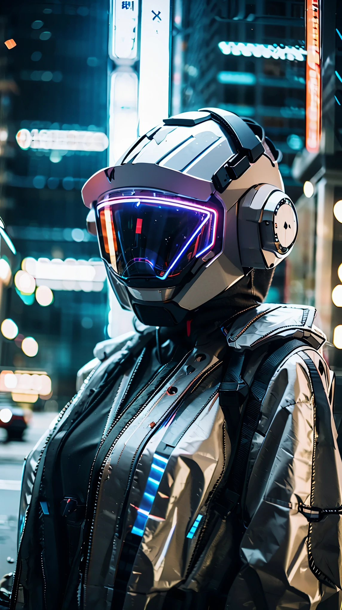 (Good structure),HDR,UHD,8K,1girl,glowing,Cyberpunk protective clothing,Cyberpunk gas mask,Cyberpunk protective helmet,A glowing helmet,helmet,Neon lights,Silver gray helmet,Mask screen similar to VR glasses,night,Complex structure helmet,Oblique lateral body,A glowing mask screen,Neon color,Upper body,Cyberpunk,pilot suit,realistic,science fiction,solo