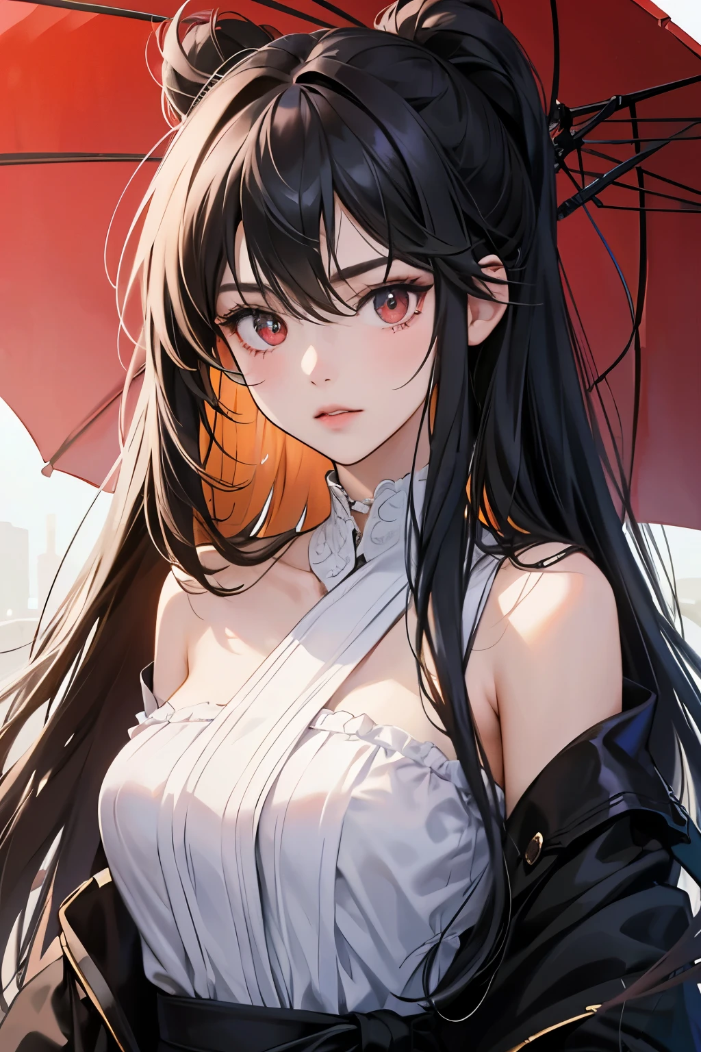 best quality: This digital painting is rendered in the finest detail, every pixel meticulously crafted to bring out the intricacies of the subject and her surroundings.

masterpiece: This piece is a true work of art, a testament to the artist's skill and dedication. The expressive eyes of the girl capture the intensity of her yandere personality, while her perfect face is a dream come true for those who appreciate beauty.

highly detailed: From the strands of her long, flowing black hair to the distinct ahoge at the top, every detail of this girl is rendered with unparalleled precision. Her red eyes, full of an intense gaze, are a captivating contrast to