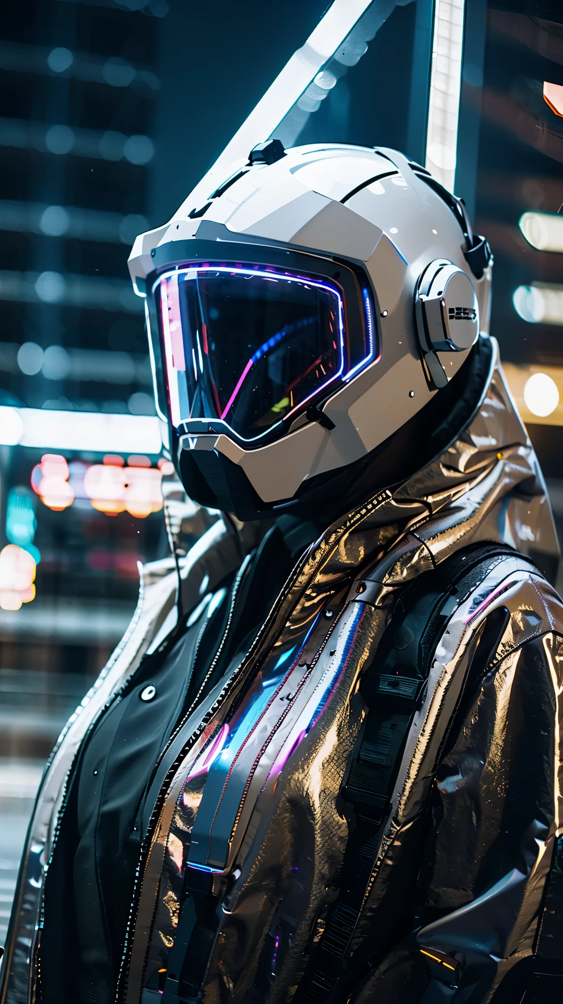 (Good structure),HDR,UHD,8K,1girl,Cyberpunk protective clothing,Cyberpunk gas mask,Cyberpunk protective helmet,A glowing helmet,Neon lights,Neon color,ground vehicle,helmet,night,Mask screen reflection,Oblique side close-up,machinery,Upper body,Cyberpunk,mecha,pilot suit,realistic,retro artstyle,science fiction