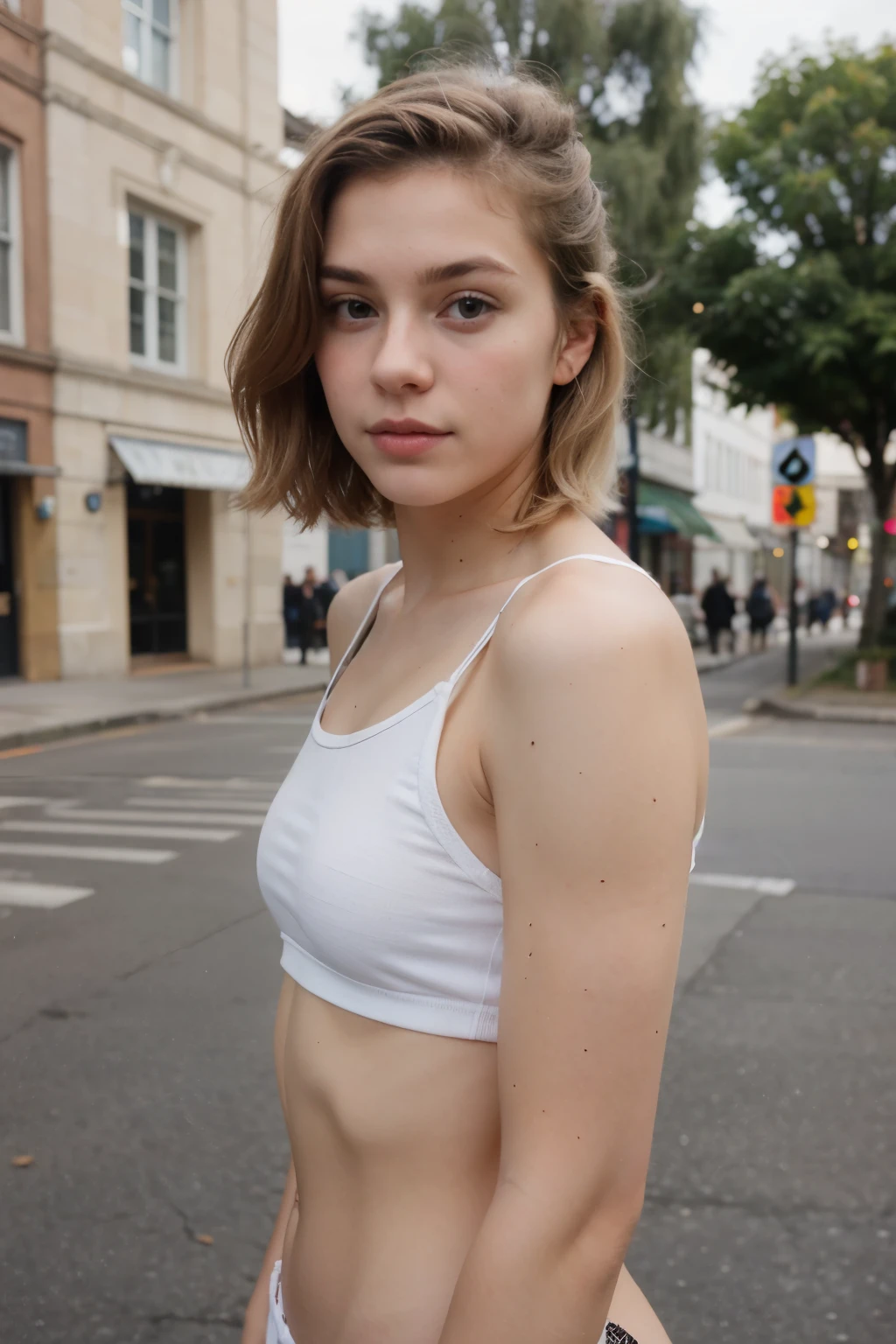 young pretty white girl no hair on boy, blonde hair, 18 years old, thin