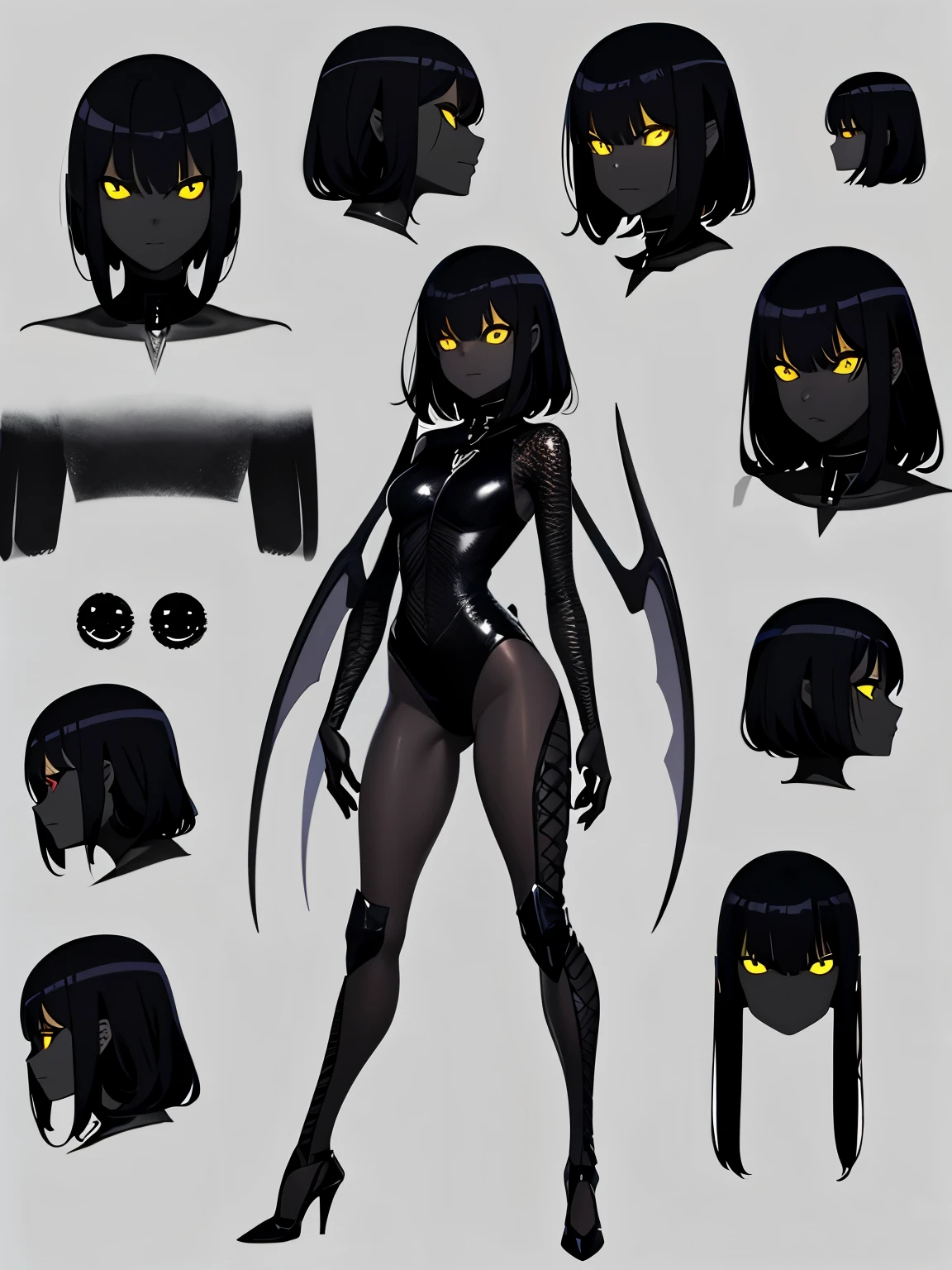 Character sheet list, concept art, multiple poses and expressions, (dark modernistic landscapes), short stature, knee length portrait, insect girl, dark black skin, black skin, smooth chitinous skin, ((dividing lines on skin)), long black hair, yellow eyes, articulated body, between high-rise buildings, dark green and gray steel lighting, highly detailed art, extremely detailed background