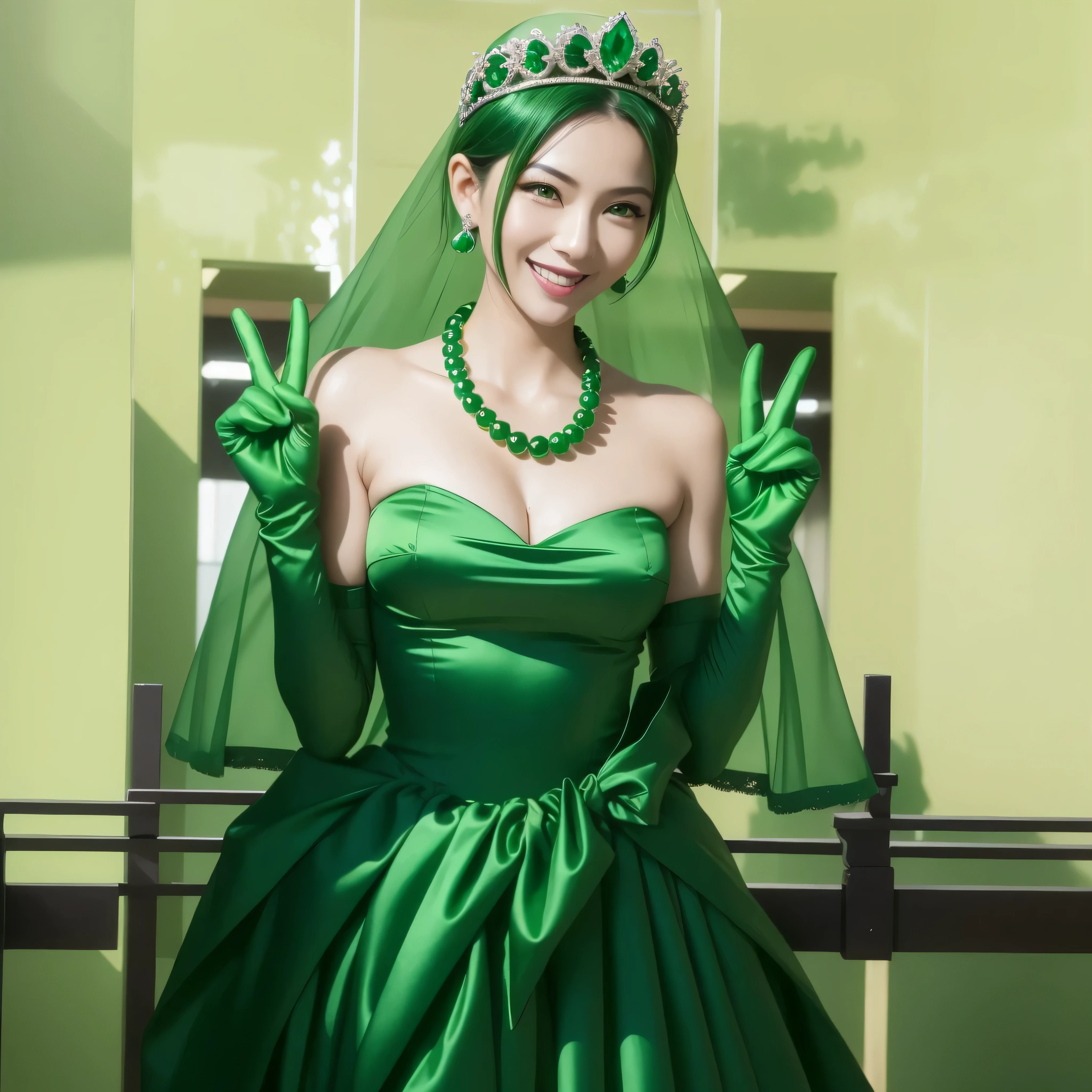 Beautiful Japan woman in her 30s, finger details, beautiful hands,emerald tiara, Green Pearl Necklace, Boyish green berry short hair, lipstick, smiling Japanese woman, very short hair, big breasts beautiful, green eyes, green satin long gloves, green eyes, emerald earrings, Green veil, v sign