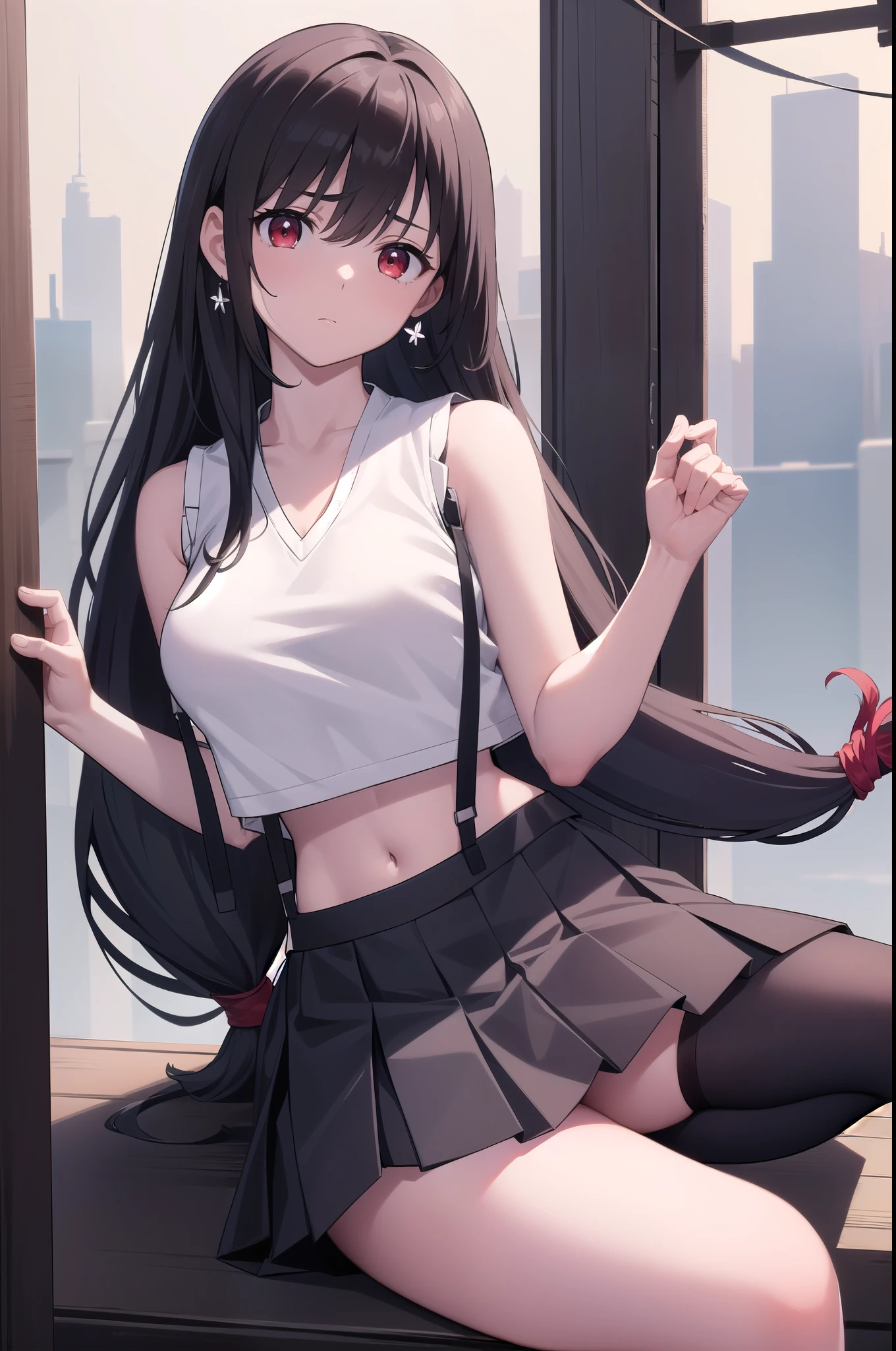 Tiffalok Hart, Tifa Lockhart, black hair, long hair, (low-tied long hair:1.5), (red eyes:1.5), Sweep bangs, Single side lock,
rest arm guards, bare shoulders,  black skirt, black exercise well, black Raise your legs high, clavicle, crop top, earrings, jewelry, diaphragm, navel, 单只earrings, skirt, exercise well, suspender skirt, sling, Vest, teardrop earrings, Raise your legs high, (white Vest:1.5), Absolute opportunity,
rest looking at viewer, whole body,
rest outdoors,
rest (masterpiece:1.2), best quality, high resolution, unified 8k wallpaper, (illustration:0.8), (Beautiful and delicate eyes:1.6), extremely detailed face, perfect lighting, Extremely detailed CG, (perfect hands, perfect anatomy), nsfw