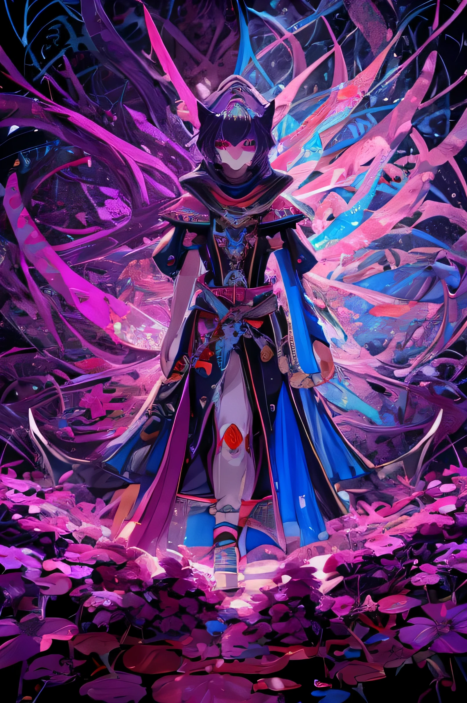 (Masterpiece, Highest quality, best quality, official art, beautiful and beautiful:1.2), (1 girl:1.3), very detailed,(fractal art:1.2),colorful,Maximum details,(Zentangle:1.2), (dynamic poses), (abstract background:1.5), (traditional clothing:1.2), (Shiny skin), (many colors:1.4), upper body,Female Robot,blue light,anime,Ninja