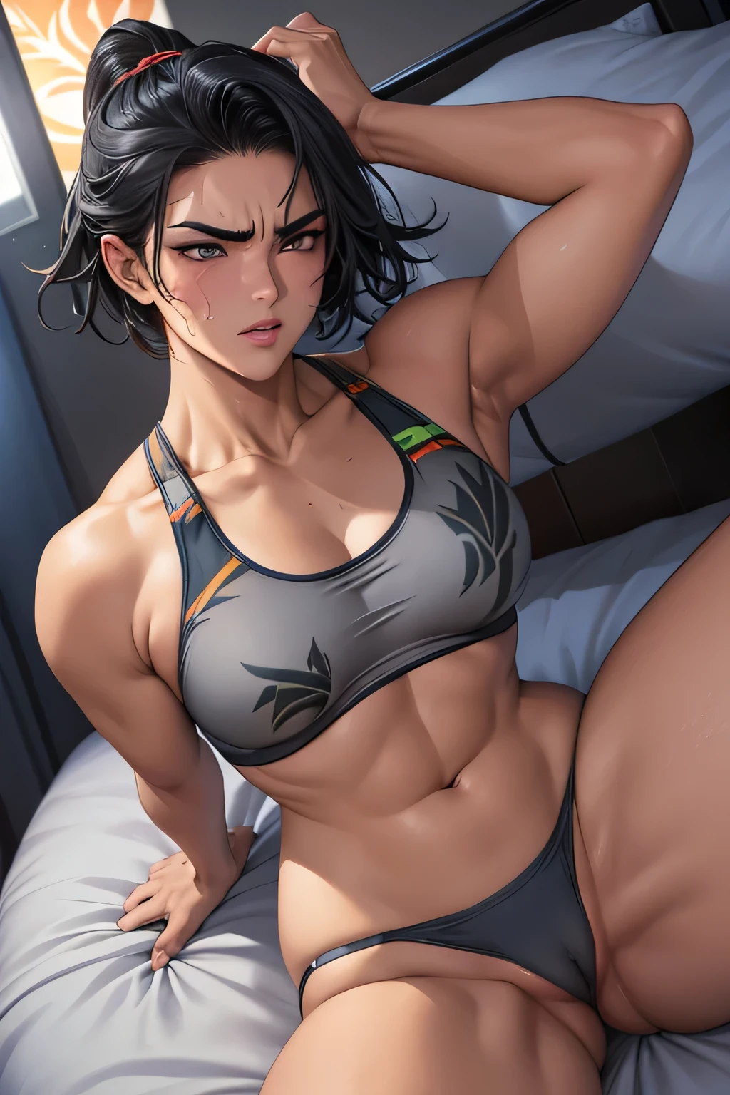Emphasis on the crotch。Disdainful eyes and angry expressions (a female athlete,There are palm prints on the face,corner of mouth,Wearing a gray sports bra,Lying in bed,Cat leaks)。