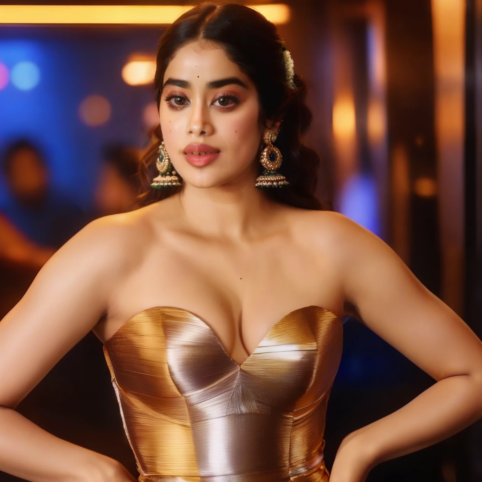 Janhvi Kapoor,a woman,at a bar,wearing a sultry slit dress,(best quality,4k,8k,highres,masterpiece:1.2),detailed skin and hairs,(realistic,photorealistic,photo-realistic:1.37),highly realistic eyes