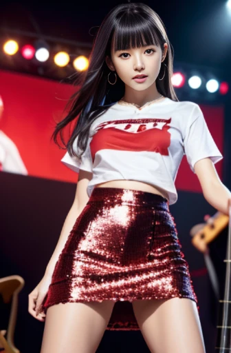 best quality, detailed, beautiful, insanely detailed, absurdres,perfect anatomy,
Japanese woman,black hair,27 years old,
(slender),
(small breasts),nsfw,
excited, standing, legs spread, flipped hair, ((Wearing white panties)),(red t-shirt, sequins skirt:1.4), piercing, necklace, (playing bass guitar:1.3), at concert, full body shot, low angle shot