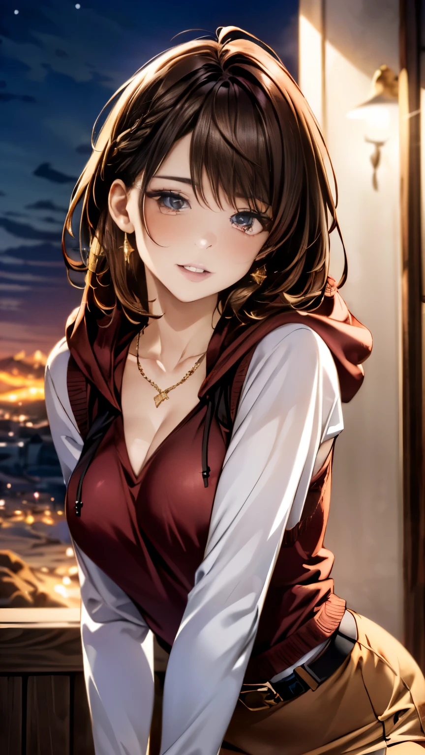 (masterpiece:1.3, highest quality), ultra high resolution, Super detailed, (realistic, photorealistic:1.4), beautiful illustrations, perfect lighting, colorful, Depth of written boundary, 
looking at the viewer, (face focus, Upper body), 1 female, alone, adult woman, sculpture model, (medium breasts:0.8, tight butt, seductive thighs, half up hair:1.7, light brown hair), bangs, braided bangs, (gold eyes), droopy eyes, parted lips, shiny skin, 
beautiful hair, beautiful face, highly detailed face, thin and beautiful eyes, beautiful clavicle, beautiful body, beautiful breasts, beautiful thighs, beautiful feet, beautiful fingers, 
(fine fabric texture, (hooded long sleeve t-shirt:1.8, Knitted Vest:1.5, White tight skirt with high waist, belt)), garnet necklace, 
(beautiful scenery), night, Are standing, (enchanting smile), 