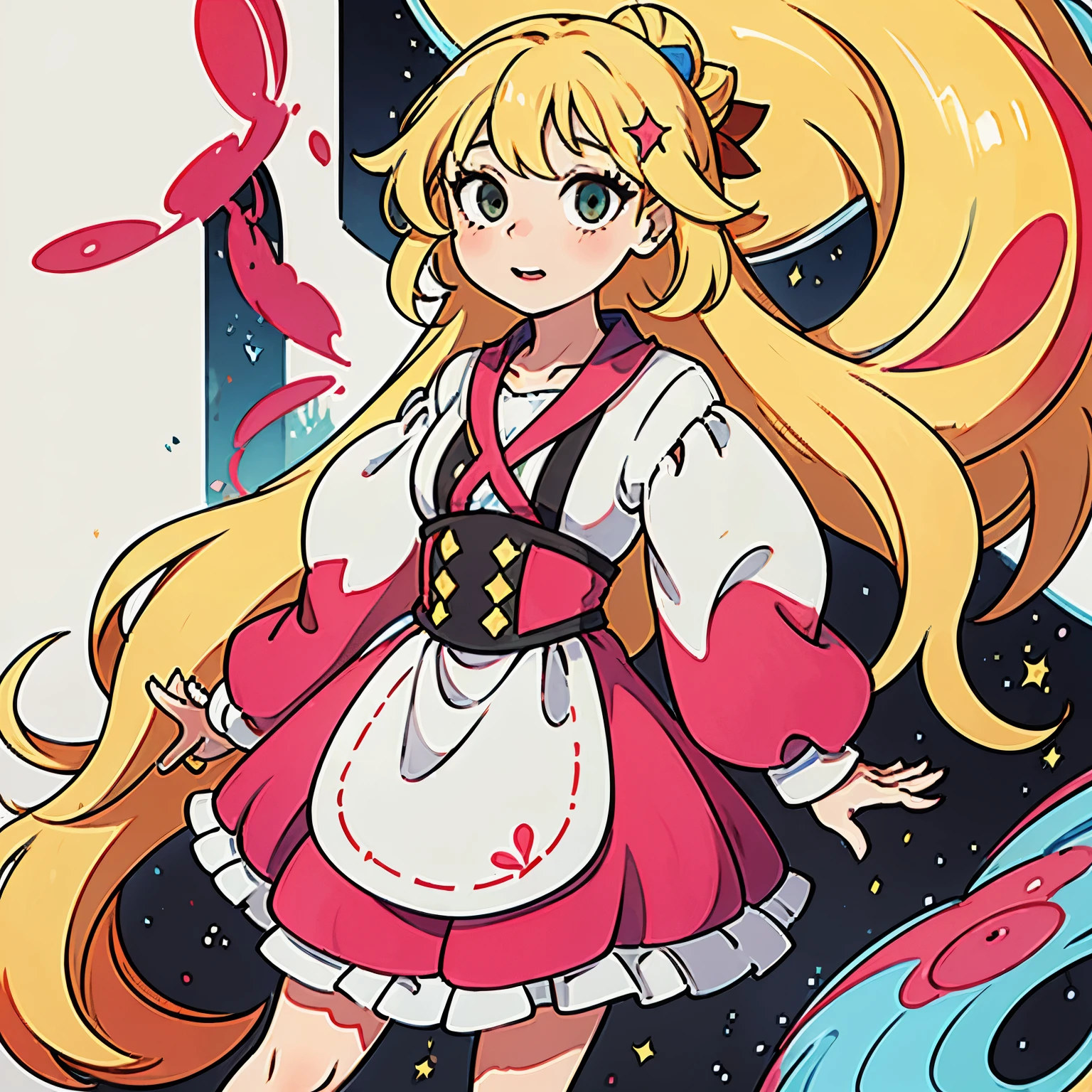 A girl with long hair and colorful dress, colorful hair,cute outfit,cute colorful dress
