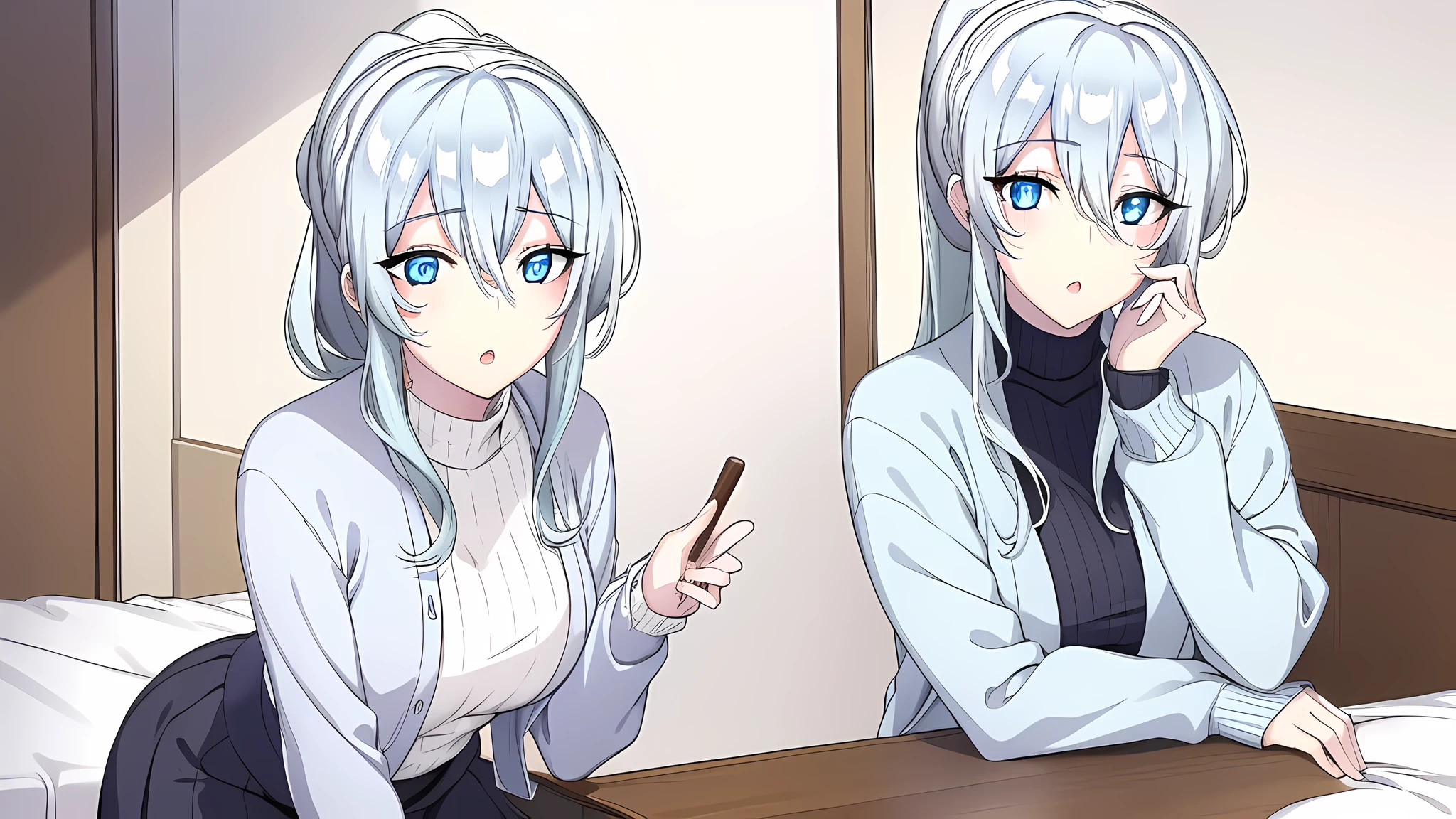 ((4 girls)), yukionayukino, yuki ona yukino, long hair, bangs, blue eyes, hair between eyes, blue hair, ponytail, BREAK skirt, long sleeves, black skirt, sweater, turtleneck, ribbed sweater, white sweater, cardigan, blue cardigan, open cardigan, BREAK indoors, bed, BREAK looking at viewer, (cowboy shot:1.5), BREAK (masterpiece:1.2), best quality, high resolution, unity 8k wallpaper, (illustration:0.8), (beautiful detailed eyes:1.6), extremely detailed face, perfect lighting, extremely detailed CG, (perfect hands, perfect anatomy),
