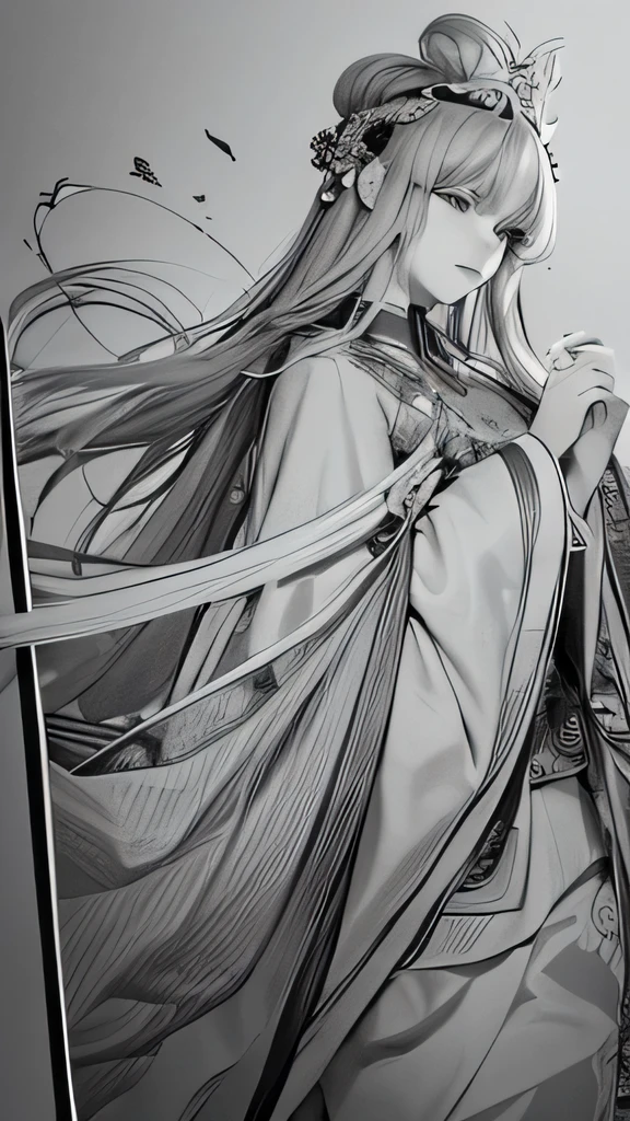 pencil drawing(rough sketch)、Monochrome illustration、荒い鉛筆で描いた白黒pencil drawing、rough drawing style、pencil drawingイラスト、pencil drawingのデッサン、beautiful line drawing、Beautiful artwork illustration、beautiful picture、pencil drawing、great picture、(ancient chinese goddess)、