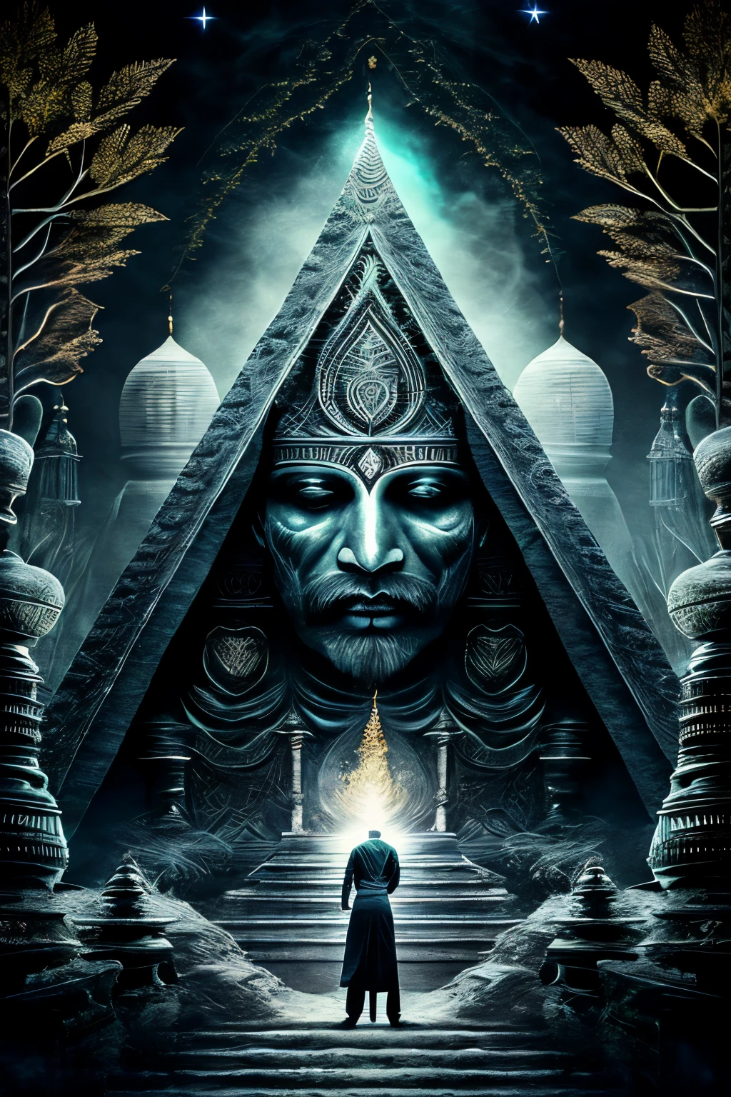 ((best quality)), ((chef-d&#39;artwork)), (detailed), evil decor, effrayant, dieu Inde, nuit, smoke, Haunted Forest, India, pyramides, spirituality, Hindi, Hindou