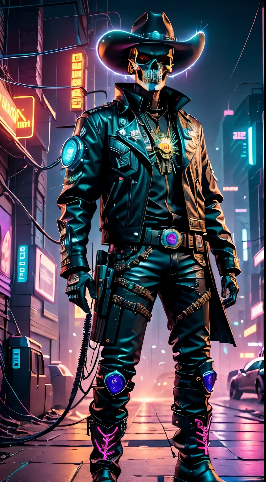 cyberpunk style：skull robot sheriff，metal texture，Wearing a cowboy hat+Cockade+neon brim，Wearing a leather jacket and cowboy boots，Retro-futuristic style，shining eyes of light，High-tech weapon hanging from belt，wire and cable，night scene，brightly colored，electric spark，Dystopian cityscape，Strengthen your network，mixed reality。(best quality,4k,8k,High resolution,master piece:1.2),super detailed,(actual,photoactual,photo-actual:1.37),