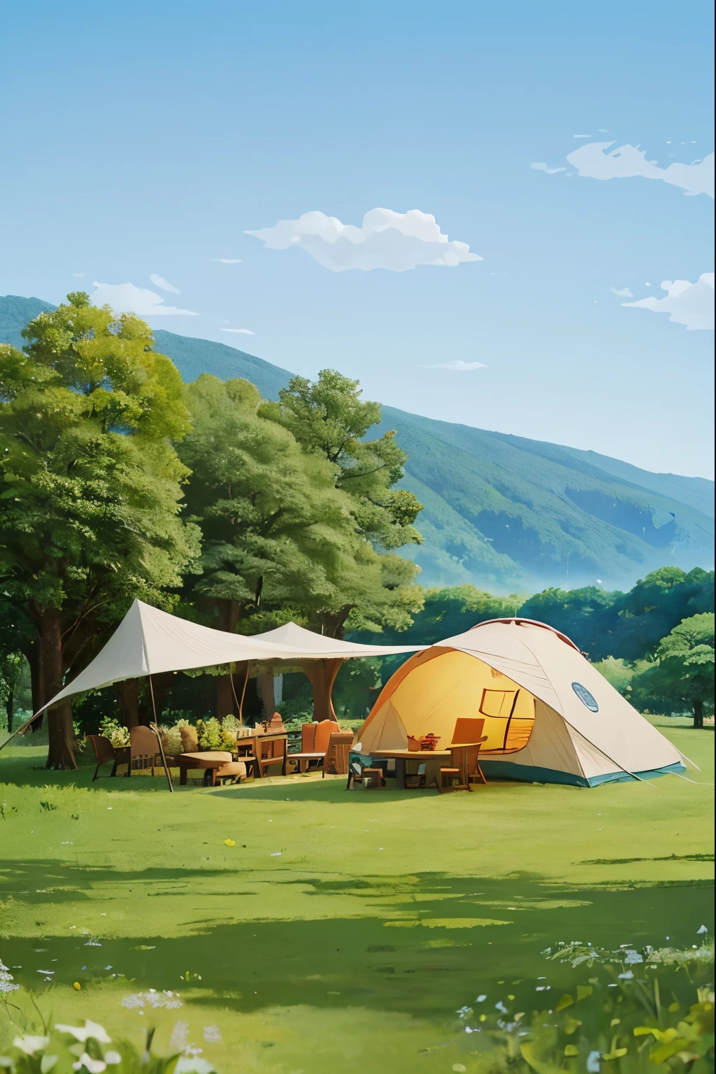 Luxury camping site with rich natural scenery、background with、There is a stream or lake nearby、No personnel required、There is a small tent with tables and chairs in the middle of the forest., A huge red Coke bottle in the back,Studio Ghibli style, Relaxation concept art, Ghibli art style, Ghibli art style, Studio Ghibli of Greg Rutkowski, Studio Ghibli anime style, Studio Ghibli art style, studio ghibli artstyle, Studio Ghibli style, Studio Ghibli environment, Ghibli style, Anime Landscape Concept Art