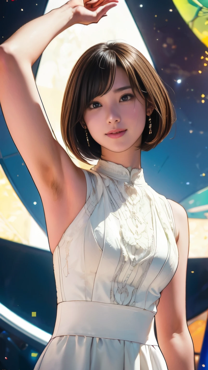 (original photo, best quality), (actual, photorealism:1.3), 1 girl, bob cut、earrings、Smile、actualbody,old space costume、ancient、rock、ancientの儀式、Pyramid shaped UFO flying from space、laser light、 (( Japanese girl)), ((armpit hair、armpit hairを見せる、raise arms、armpit))