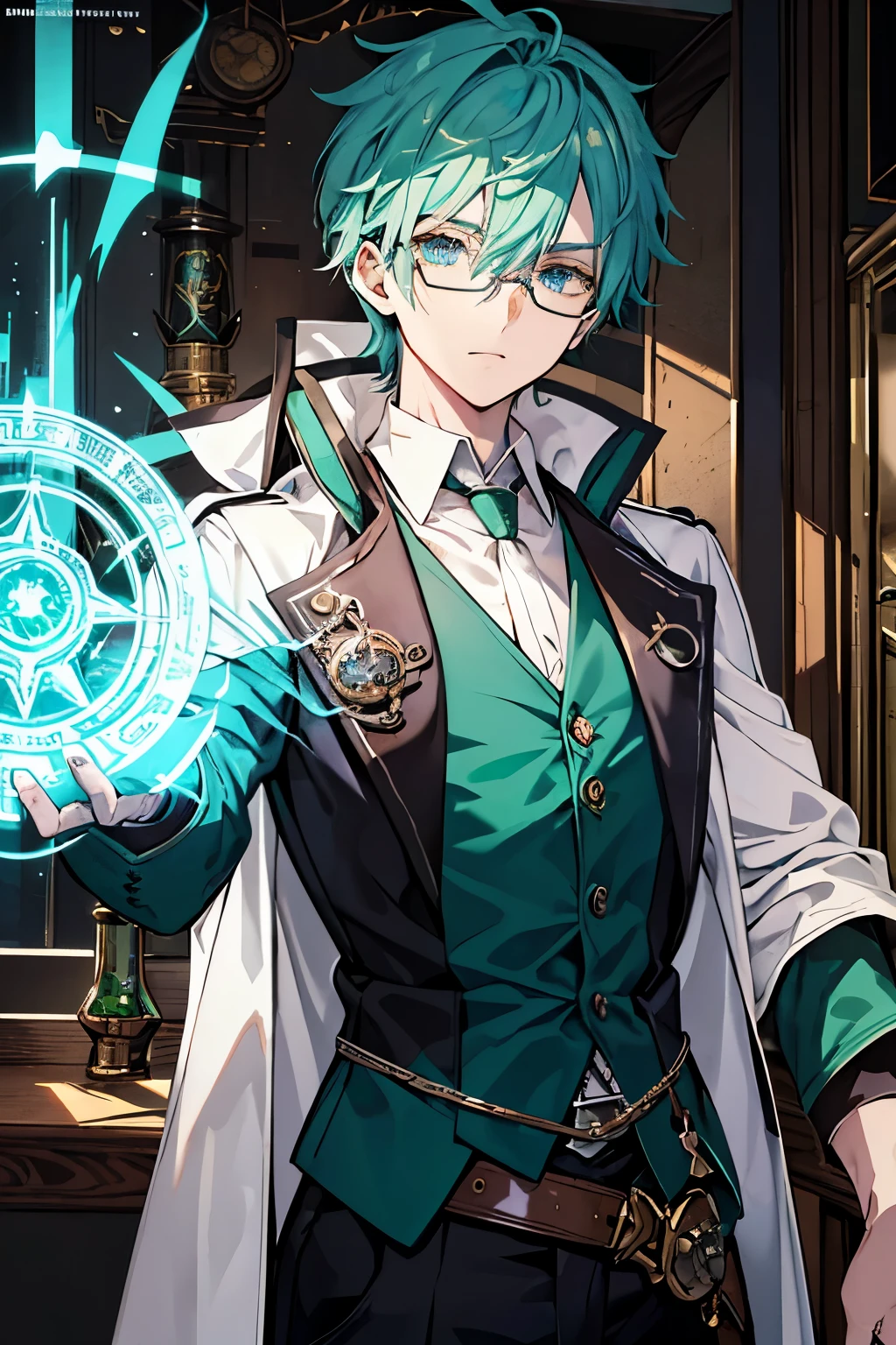 male　deep green hair　blue eyes　one person　Glasses　alchemist　magic circle　Magic activation 　flask　steampunk　magic tool　whole body　cool　masterpiece　Highest image quality　noise removal　clear parts 　cinematic shadow　Increases the attractiveness of the eyes　clear parts the shine of the eyes　draw eyelashes neatly　perfect eyes　detailed eyes　sharpen image quality　sharpen eye writing　clear parts eye shape