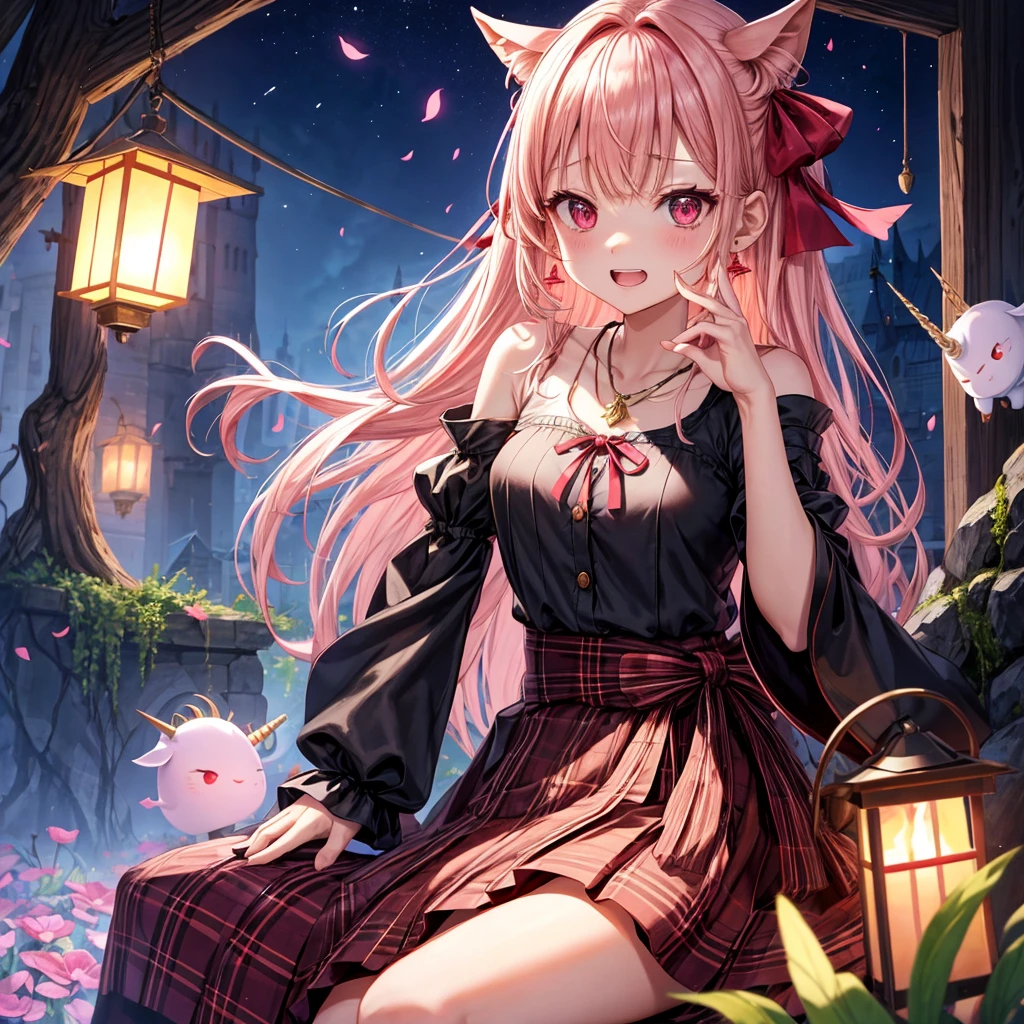 pink blonde、red eyes、one good looking girl、solo、anime、plaid mini skirt、the skirt has buttons、black camisole、black t-shirt、dress、wearing a ribbon、ribbon at waist、cloak、hood、stone slabs are piled up、raising one hand、crystal earrings、monster castle、jewelry necklace、Light and shadow、Hundreds of Ghosts at Night、lantern、sitting、legs crossed、mirror、tunnel、clock、Stuck in the wall、universe、fern plants、petal、tilting one's face、teeth are visible、Red carpet、magic、unicorn