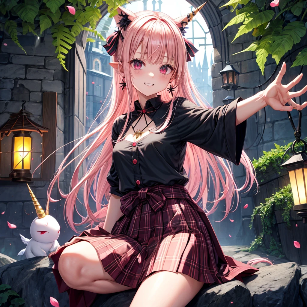 pink blonde、red eyes、one good looking girl、solo、anime、plaid mini skirt、the skirt has buttons、black camisole、black t-shirt、dress、wearing a ribbon、ribbon at waist、cloak、hood、stone slabs are piled up、raising one hand、crystal earrings、monster castle、jewelry necklace、Light and shadow、Hundreds of Ghosts at Night、lantern、sitting、legs crossed、mirror、tunnel、clock、Stuck in the wall、universe、fern plants、petal、tilting one&#39;s face、teeth are visible、Red carpet、magic、unicorn