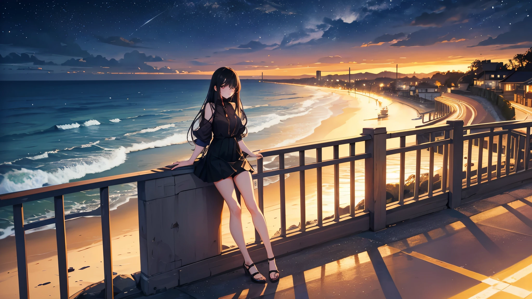 Drive along the seaside road at night when the stars are beautiful,A woman with long black hair and beautiful legs wearing a skirt