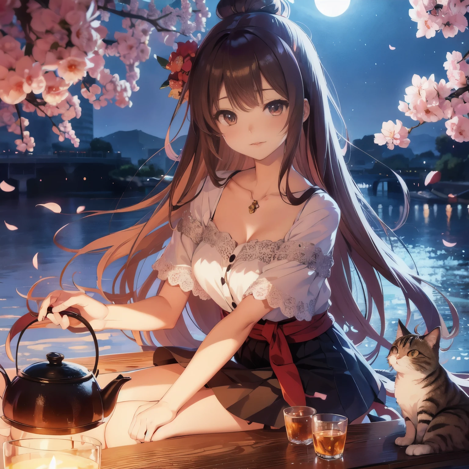 Anime girl with teapot and cat sitting on the pier, anime style 4k, Beautiful anime girl, Beautiful anime, night nucleus, anime pictures, 4k anime wallpaper, cute anime girl, anime long hair girl, HD anime wallpaper, Beautiful anime style, anime wallpaper 4k, anime wallpaper 4k, young anime girl, beautiful anime girl