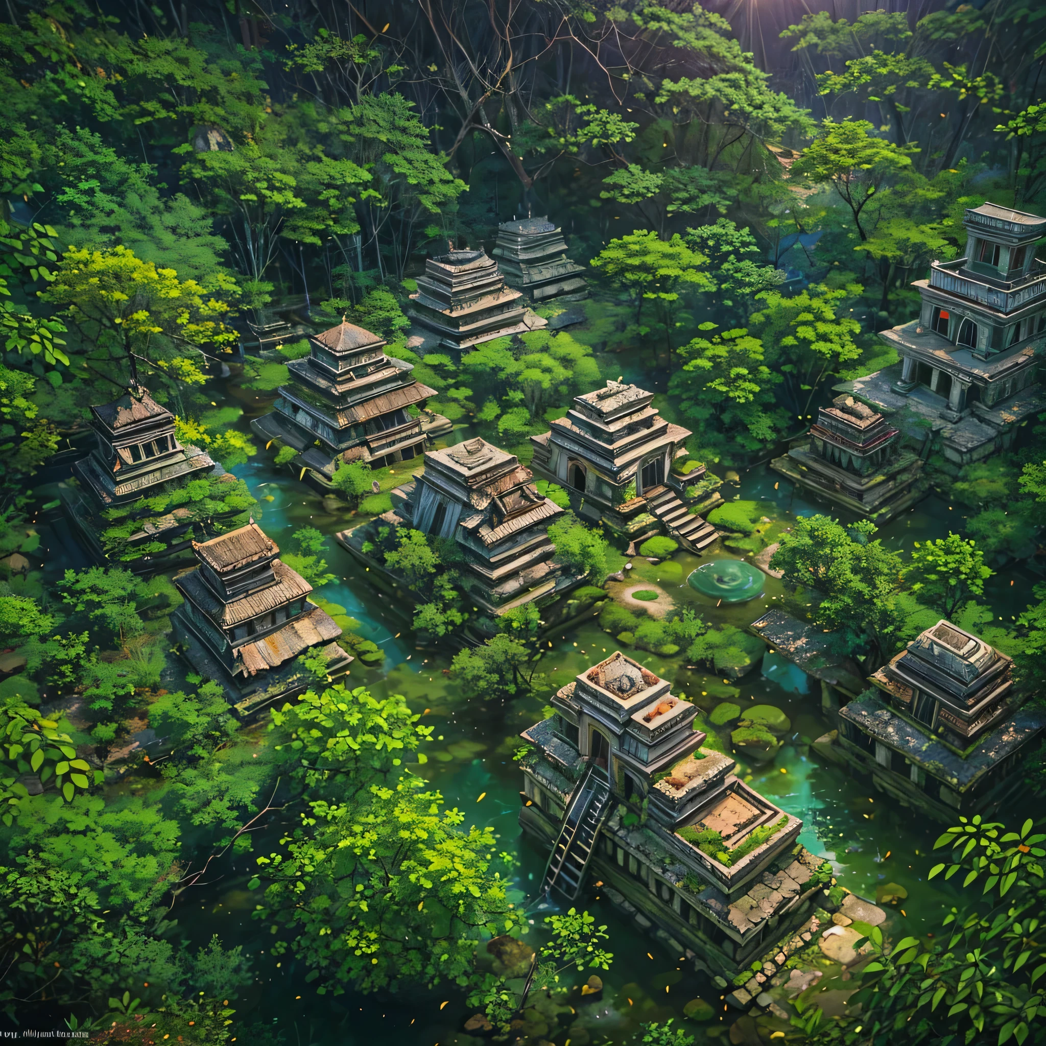  A mesmerizing aerial view of an ancient Mayan city, nestled amidst dense rainforests, sunlight piercing through the thick canopy to reveal intricate stone structures, vibrant wildlife, and winding rivers,