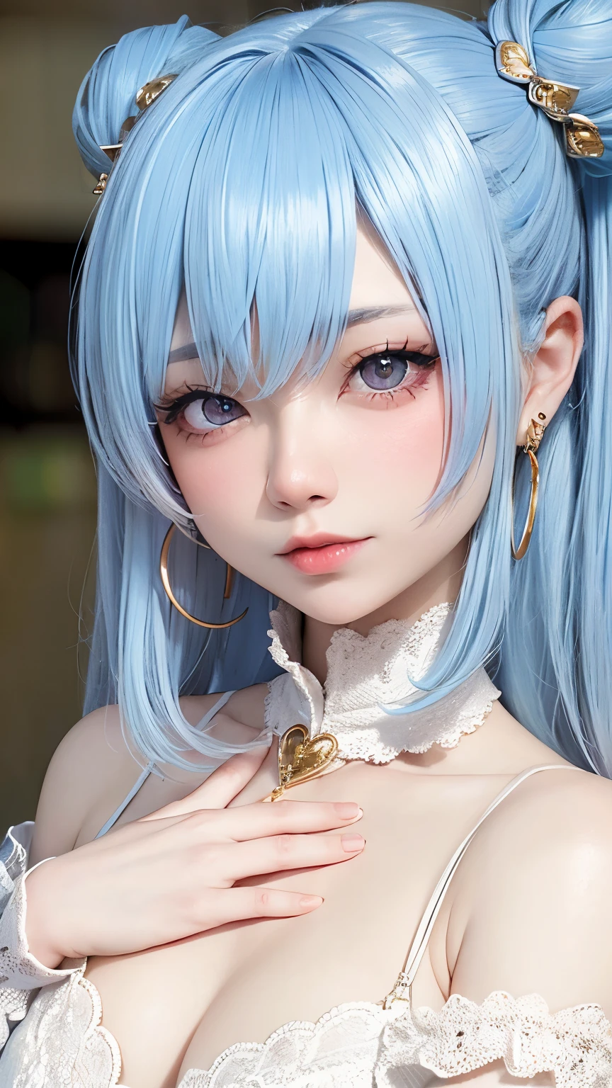 RAW photo、real、pretty girl, (silver hair), ((very bun hair)), perfect face, innocent smile, Upper body,(Cerulean Eyes), (that), (), (thin), ((flat chest)), ((16 only)), skin dents, extreme details, attractive oval face, red lips, pink, Glossy skin, thin hair, face focus, close up of chest, luxurious hair ornament, gold earrings, ((1 girl)), embarrassed look,highest quality、ultra high resolution、master piece:1.5、portrait photography