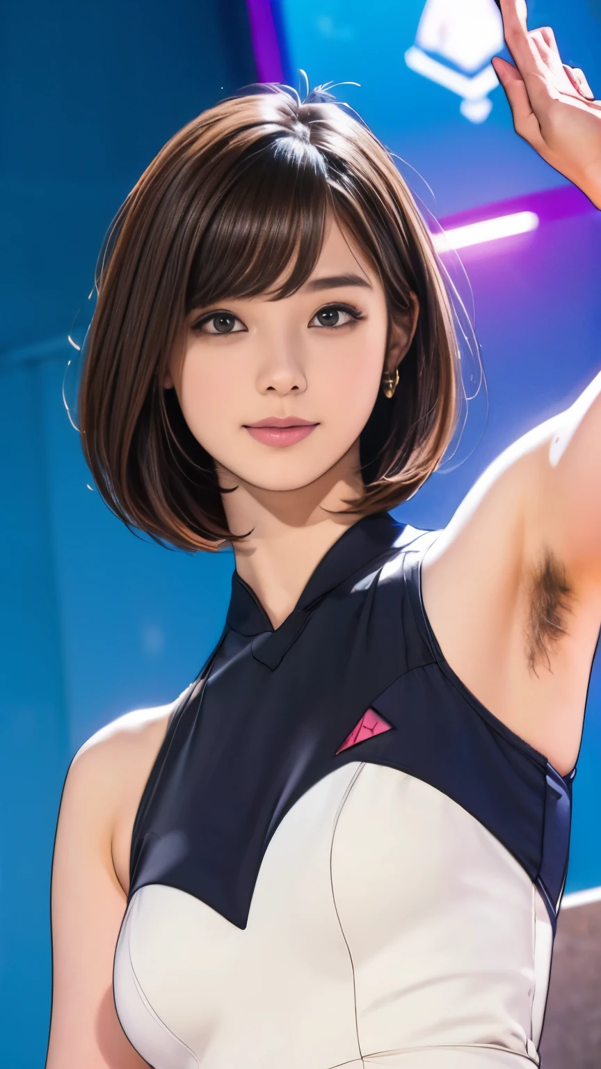 (original photo, best quality), (actual, photorealism:1.3), 1 girl, bob cut、earrings、Smile、actualbody,old space costume、ancient、rock、ancientの儀式、Pyramid shaped UFO flying from space、laser light、 ((13 year old Japanese girl)), ((armpit hair、armpit hairを見せる、raise arms、armpit))