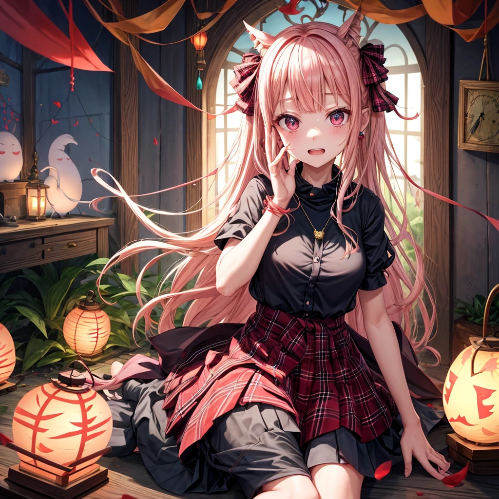 pink blonde、red eyes、one good looking girl、solo、anime、plaid mini skirt、the skirt has buttons、black camisole、black t-shirt、dress、wearing a ribbon、ribbon at waist、cloak、hood、stone slabs are piled up、raising one hand、crystal earrings、monster castle、jewelry necklace、Light and shadow、Hundreds of Ghosts at Night、lantern、sitting、legs crossed、mirror、tunnel、clock、Stuck in the wall、universe、fern plants、petal、tilting one's face、teeth are visible、Red carpet、magic、unicorn