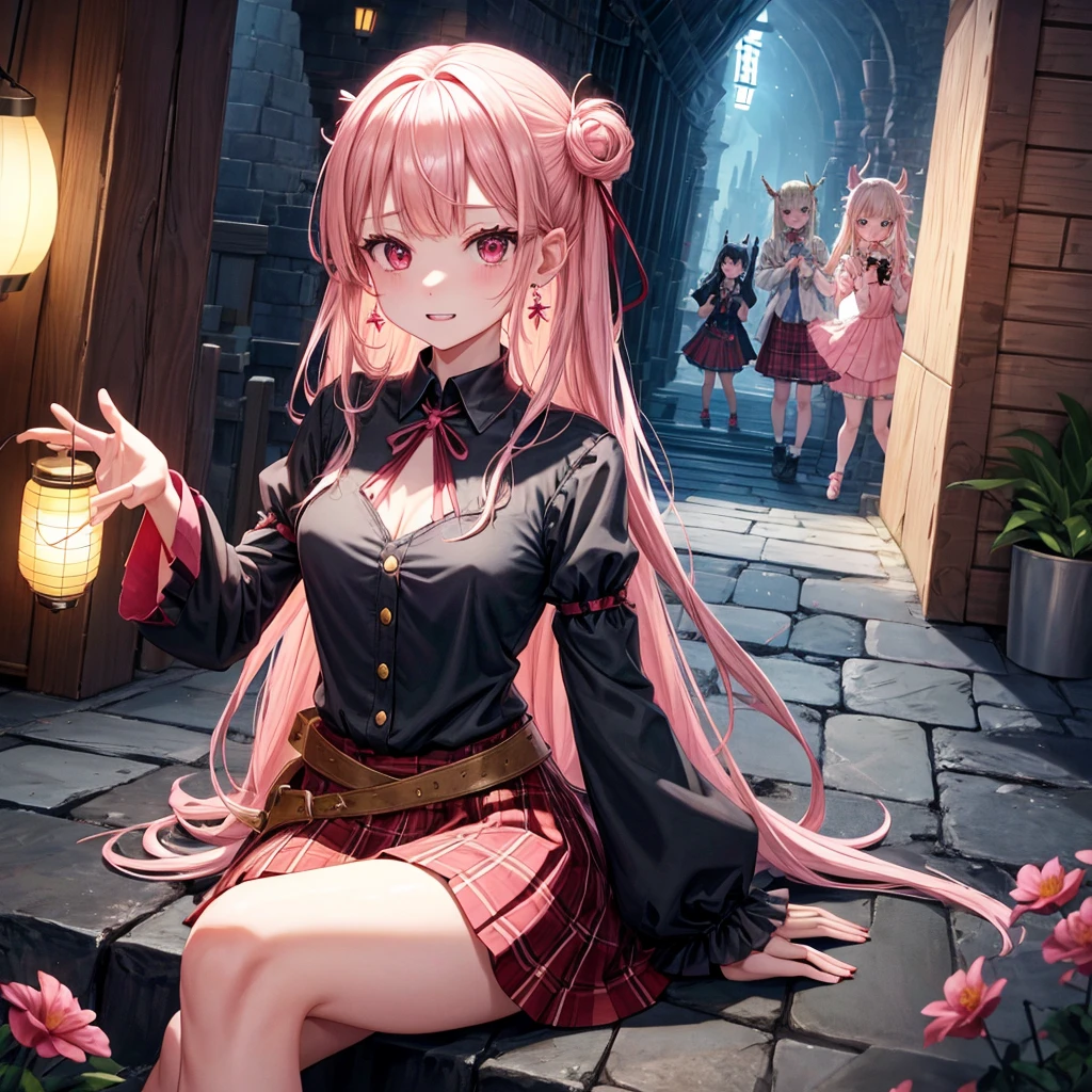 pink blonde、red eyes、one good looking girl、solo、anime、plaid mini skirt、the skirt has buttons、black camisole、black t-shirt、dress、wearing a ribbon、ribbon at waist、cloak、hood、stone slabs are piled up、raising one hand、crystal earrings、monster castle、jewelry necklace、Light and shadow、Hundreds of Ghosts at Night、lantern、sitting、legs crossed、mirror、tunnel、clock、Stuck in the wall、universe、fern plants、petal、tilting one&#39;s face、teeth are visible、Red carpet、magic、unicorn